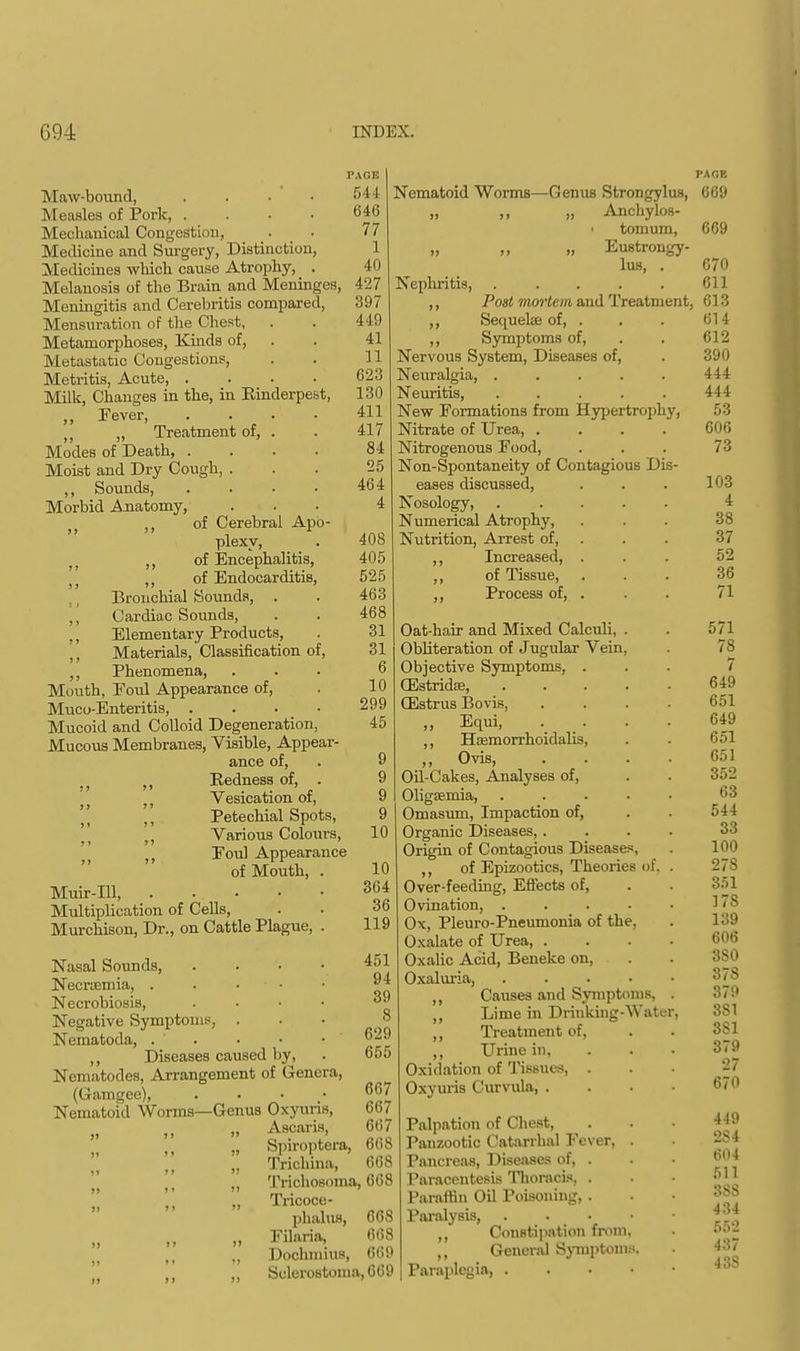 Maw-bound, .... Measles of Pork, .... Mechanical Congestion, Medicine and Surgery, Distinction, Medicines which cause Atrophy, . Melanosis of the Brain and Meninges, Meningitis and Cerebritis compared, Mensuration of the Chest, Metamorphoses, Kinds of, Metastatic Congestions, Metritis, Acute Milk, Changes in the, in Einderpest, „ Fever, . . . ,, „ Treatment of, . Modes of Death, .... Moist and Dry Cough, . ,, Sounds, .... Morbid Anatomy, )( ,, of Cerebral Apo- plexy, ,, of Encephalitis, )( ,, of Endocarditis, ,, Bronchial Sounds, . ,, Cardiac Sounds, ,, Elementary Products, ,, Materials, Classification of, ,, Phenomena, Mouth, Eoul Appearance of, Muco-Enteritis, .... Mucoid and Colloid Degeneration, Mucous Membranes, Visible, Appear- ance of, ,, Redness of, . ,, Vesication of, ,, Petechial Spots, ,, Various Colours, ,, Foul Appearance of Mouth, . Muir-Ill Multiplication of Cells, Murchison, Dr., on Cattle Plague, . Nasal Sounds, Necnemia, . Necrobiosis, Negative Symptoms, Nematoda, . ,, Diseases caused by, Nematodes, Arrangement of Genera, (Gamgee), Nematoid Worms—Genus Oxyuris, „ Ascaris, PAGE 54 l 646 77 1 40 427 397 449 41 11 623 130 411 417 84 25 464 4 408 405 525 463 468 31 31 6 10 299 45 Nematoid Worms—Genus Strongylus, „ ,, „ Anchylos- tomum, „ ,, „ Eustrongy- luB Nephritis, .... ,, Post mortem and Treatment, ,, Sequeke of, . ,, Symptoms of, Nervous System, Diseases of, Neuralgia, . Neuritis, .... New Formations from Hypertrophy Nitrate of Urea, . Nitrogenous Food, Non-Spontaneity of Contagious Dis- eases discussed, Nosology, Numerical Atrophy, Nutrition, Arrest of, ,, Increased, ,, of Tissue, Process of PAf.R 669 6C9 667 667 667 Spiroptera, 668 Trichina, 668 Trichosoma, 668 Tricoce- phalus, 668 Filaria, 668 Dochmius, 669 Sclerostoiua,669 Oat-hair and Mixed Calculi, . Obliteration of Jugular Vein, Objective Symptoms, . (Estridse, .... (Estrus Bovis, „ Equi, ,, Hasmorrhoidalis, „ Ovis, 9 Oil-Cakes, Analyses of, 9 Oligemia, .... 9 Omasum, Impaction of, 10 Organic Diseases,. Origin of Contagious Diseases, 10 ,, of Epizootics, Theories of 364 Over-feeding, Effects of, 36 Ovination, .... 119 Ox, Pleuro-Pneumonia of the, Oxalate of Urea, . 451 Oxalic Acid, Beneke on, 94 Oxaluria, .... 39 ,, Causes and Symptoms, 8 ,, Lime in Drinking-Water 629 ,, Treatment of, 655 ,, Urine in, Oxidation of Tissues, . Oxyuris Curvula, . Palpation of Chest, Panzootic Catarrhal Fever, . Pancreas, Diseases of, . Paracentesis Thoracis, . Paraffin Oil Poisoning, . Paralysis, . . Constipation from, ,, General Symptoms, Paraplegia, ....