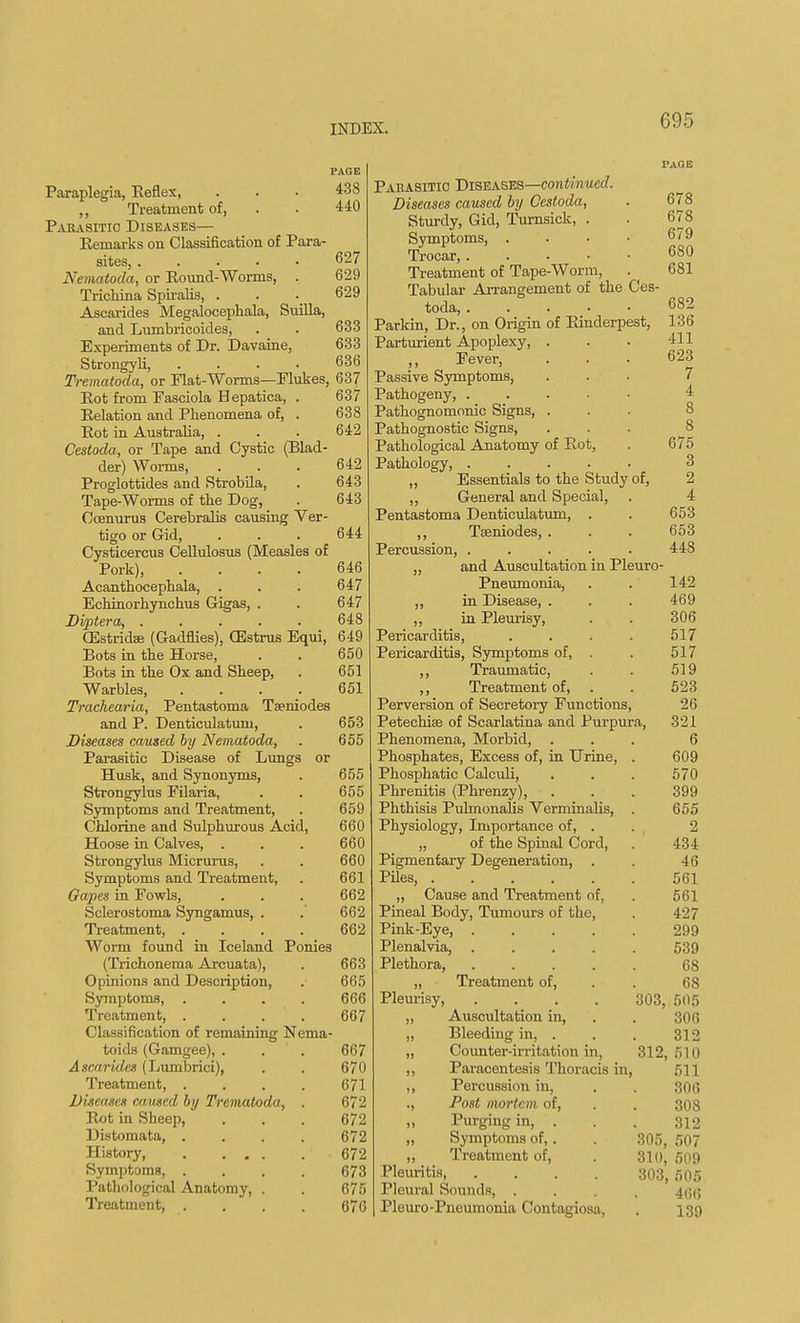 PAGE Paraplegia, Reflex, . . • 438 „ Treatment of, . . 440 Parasitic Diseases— Remarks on Classification of Para- sites, 627 Nematoda, or Pound-Worms, . 629 Trichina Spiralis, . . . 629 Ascarides Megalocephala, Suilla, and Lumbricoides, . . 633 Experiments of Dr. Davaine, 633 Strongyli, .... 636 Trematoda, or Plat-Worms—Flukes, 637 Pot from Fasciola Hepatica, . 637 Relation and Phenomena of, . 638 Rot in Australia, . . . 642 Cestoda, or Tape and Cystic (Blad- der) Worms, ... 642 Proglottides and Strobila, . 643 Tape-Worms of the Dog, . 643 Ccenurus Cerebralis causing Ver- tigo or Gid, . . . 644 Cysticercus Cellulosus (Measles of Pork), .... 646 Acanthocephala, . . . 647 Echinorhynchus Cigas, . . 647 Diptera, ..... 648 (Estridse (Gadflies), GEstrus Equi, 649 Bots in the Horse, . . 650 Bot3 in the Ox and Sheep, . 651 Warbles, .... 651 Trachearia, Pentastoma Taeniodes and P. Denticulatum, . 653 Diseases caused by Nematoda, . 655 Parasitic Disease of Lungs or Husk, and Synonyms, . 655 Strongylus Pilaria, . . 655 Symptoms and Treatment, . 659 Chlorine and Sulphurous Acid, 660 Hoose in Calves, . . . 660 Strongylus Micrurus, . . 660 Symptoms and Treatment, . 661 Gapes in Fowls, . . . 662 Sclerostoma Syngamus, . . 662 Treatment, .... 662 Worm found in Iceland Ponies (Trichonema Arcuata), . 663 Opinions and Description, . 665 Symptoms, . . . . 666 Treatment, . . . . 667 Classification of remaining Nema- toids (Gamgee), . . . 667 Ascarides (Lumbrici), . . 670 Treatment 671 Diseases canted by Trematoda, . 672 Rot in Sheep, . . . 672 Distomata, .... 672 History 672 Symptoms, .... 673 Pathological Anatomy, . . 675 Treatment, .... 676 PAGE 678 678 679 680 681 Pabasitic Diseases—continued. Diseases caused by Cestoda, Sturdy, Gid, Turnsick, . Symptoms, . Trocar, . Treatment of Tape-Worm, Tabular Arrangement of the Ces- toda, 682 Parian, Dr., on Origin of Rinderpest, 136 Parturient Apoplexy, . . . 411 ,, Fever, . . . 623 Passive Symptoms, ... 7 Pathogeny, ..... 4 Pathognomonic Signs, ... 8 Pathognostic Signs, ... 8 Pathological Anatomy of Rot, . 675 Pathology, 3 „ Essentials to the Study of, 2 ,, General and Special, . 4 Pentastoma Denticulatum, . . 653 ,, Taaniodes, . . . 653 Percussion, ..... 448 „ and Auscultation in Pleuro- pneumonia, . . 142 ,, in Disease, . . . 469 „ in Pleurisy, . . 306 Pericarditis, . . . . 517 Pericarditis, Symptoms of, . . 517 ,, Traumatic, . . 519 ,, Treatment of, . 523 Perversion of Secretory Functions, 26 Petechias of Scarlatina and Purpura, 321 Phenomena, Morbid, ... 6 Phosphates, Excess of, in Urine, . 609 Phosphatic Calculi, . . . 570 Phrenitis (Phrenzy), . . . 399 Phthisis Pulmonalis Verminalis, . 655 Physiology, Importance of, . 2 „ of the Spinal Cord, . 434 Pigmentary Degeneration, . . 46 Piles, 561 „ Cause and Treatment of, . 561 Pineal Body, Tumours of the, . 427 Pink-Eye, 299 Plenalvia 539 Plethora, 68 „ Treatment of, . . 68 Pleurisy, .... 303, 505 „ Auscultation in, . . 306 „ Bleeding in, . . . 312 „ Counter-irritation in, 312,510 ,, Paracentesis Thoracis in, 511 ,, Percussion in, . . 300 ., Post mortem of, . . 308 „ Purging in, ... 312 „ Symptoms of,. . 305, 507 ,, Treatment of, . 310, 509 Pleuritis 303, 505 Pleural Sounds, .... 4gg Pleuro-Pneumonia Contagiosa, . 139