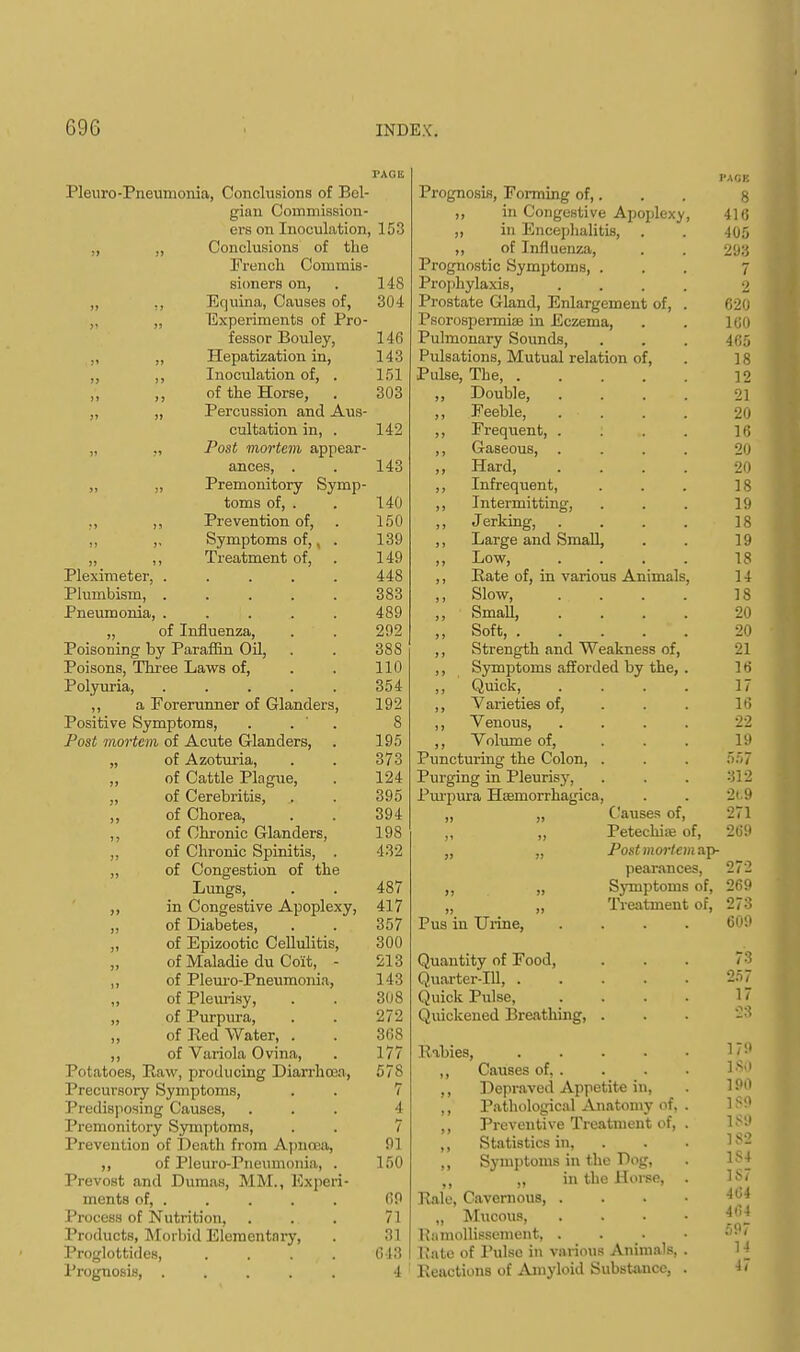 TAGI£ Pleuro-Pneunionia, Conclusions of Bel- gian Commission- ers on Inoculation, 153 „ ,, Conclusions of the French Commis- sioners on, . 148 „ ,, Equina, Causes of, 304 „ Experiments of Pro- fessor Bouley, 146 ., „ Hepatization in, 143 ,, ,, Inoculation of, . 151 ,, ,, of the Horse, . 303 „ „ Percussion and Aus- cultation in, . 142 „ „ Post mortem appear- ances, . . 143 „ „ Premonitory Symp- toms of, . . 140 ,, ,, Prevention of, . 150 ,, ,, Symptoms of,, . 139 „ ,, Treatment of, . 149 Pleximeter, ..... 448 Plumbism, 383 Pneumonia, ..... 489 „ of Influenza, . . 292 Poisoning by Paraffin Oil, . . 388 Poisons, Three Laws of, . . 110 Polyuria, . . . . . 354 ,, a Forerunner of Glanders, 192 Positive Symptoms, . . 8 Post mortem of Acute Glanders, . 195 „ of Azoturia, . . 373 „ of Cattle Plague, . 124 „ of Cerebritis, . . 395 ,, of Chorea, . . 394 ,, of Chronic Glanders, 198 ,, of Chronic Spinitis, . 432 ,, of Congestion of the Lungs, . . 487 ,, in Congestive Apoplexy, 417 „ of Diabetes, . . 357 „ of Epizootic Cellulitis, 300 „ of Maladie du Colt, - 213 ,, of Pleuro-Pneumonia, 143 of Pleurisy, . . 308 „ of Purpura, . . 272 of Red Water, . . 308 ,, of Variola Ovina, . 177 Potatoes, Raw, producing Diarrhoea, 578 Precursory Symptoms, . . 7 Predisposing Causes, ... 4 Premonitory Symptoms, . . 7 Prevention of Death from Apiirea, 91 ,, of Pleuro-Pneumonia, . 150 Prevost and Dumas, MM., Experi- ments of, .... 69 Process of Nutrition, . . . 71 Products, Morbid Elementary, . 31 Proglottides, . . . . G43 Prognosis, ..... 4 I'.WJK Prognosifl, Forming of,. . . g ,, in Congestive Apoplexy, 41<! ,, in Encephalitis, . . 405 ,, of Influenza, . . 293 Prognostic Symptoms, ... 7 Prophylaxis, .... 2 Prostate Gland, Enlargement of, . 620 Psorospermiae in Eczema, . . 1G0 Pulmonary Sounds, . . . 405 Pulsations, Mutual relation of, . 18 Pulse, The, 12 ,, Double, .... 21 ,, Feeble, ... . . 20 ,, Frequent, . : .. . 16 ,, Gaseous, .... 20 ,, Hard, .... 20 ,, Infrequent, . . . 18 ,, Intermitting, . . . 19 ,, Jerking, .... 18 ,, Large and Small, . . 19 ,, Low, .... 18 ,, Eate of, in various Animals, 1 i ,, Slow, .... 18 „ Small, .... 20 ,, Soft, 20 ,, Strength and Weakness of, 21 ,, Symptoms afforded by the, . 16 ,, Quick, .... 17 ,, Varieties of, . . . 16 ,, Venous, .... 22 ,, Volume of, ... 19 Puncturing the Colon, . . . 557 Purging in Pleurisy, ... 312 Purpura Haemorrhagica, . . 269 „ „ Causes of, 271 Petechia? of, 269 Post mortem ap- pearances, 272 Symptoms of, 269 Treatment of, 273 Pus in Urine, .... 609 Quantity of Food, 73 Quarter-Ill, ..... 257 Quick Pulse, .... 17 Quickened Breathing, . 23 Rahies, 179 ,, Causes of, . 180 ,, Depraved Appetite in, 190 ,, Pathological Anatomy of, . ISO ,, Preventive Treatment of, . 1S9 ,, Statistics in, 182 ,, Symptoms in the Dog, 1S+ „ in the Horse, . 1S7 Rale, Cavernous, .... 464 „ Mucous, . 464 Kamollissement, . 597 Elate of Pulse in various Animals, . 11. Reactions of Amyloid Substance, . 47