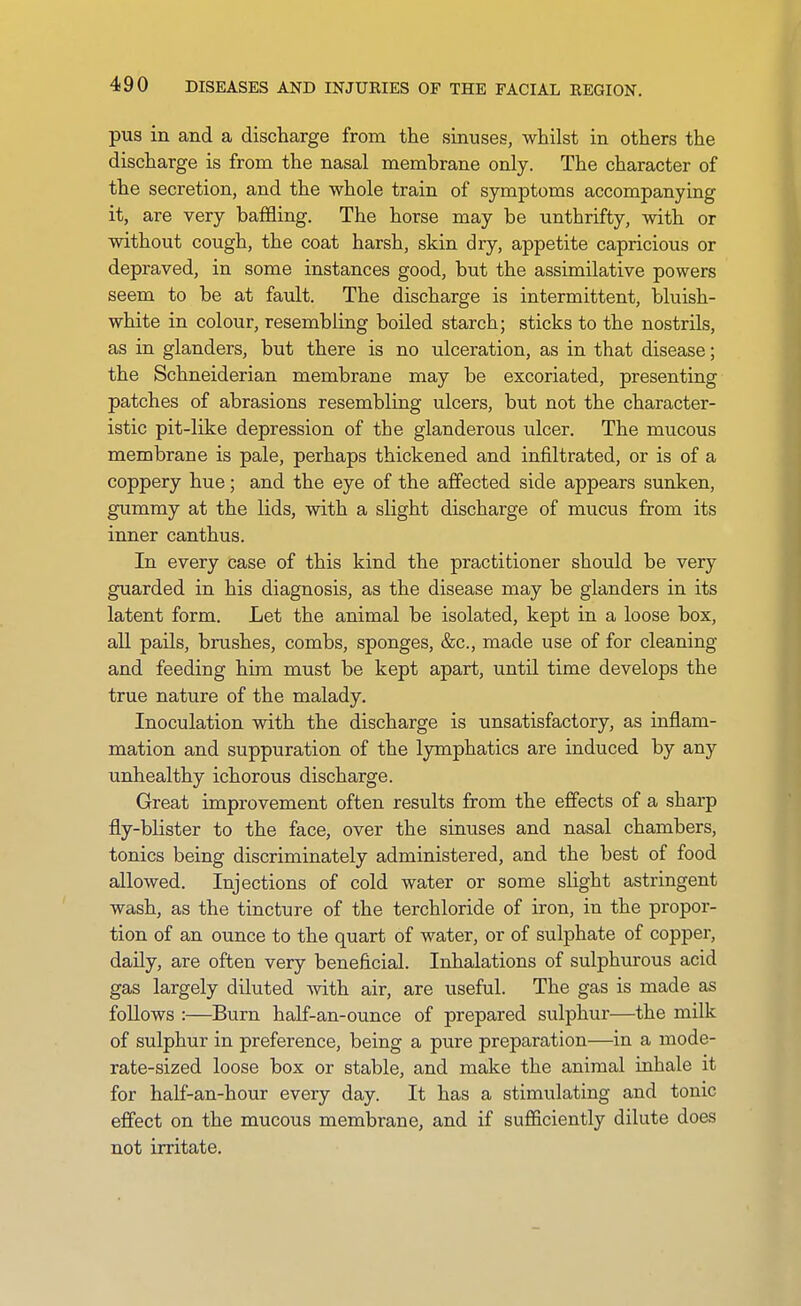 pus in and a discharge from the sinuses, whilst in others the discharge is from the nasal membrane only. The character of the secretion, and the whole train of symptoms accompanying it, are very bafiSing. The horse may be unthrifty, with or without cough, the coat harsh, skin dry, appetite capricious or depraved, in some instances good, but the assimilative powers seem to be at fault. The discharge is intermittent, bluish- white in colour, resembliag boiled starch; sticks to the nostrils, as in glanders, but there is no ulceration, as in that disease; the Schneiderian membrane may be excoriated, presenting patches of abrasions resembling ulcers, but not the character- istic pit-like depression of the glanderous ulcer. The mucous membrane is pale, perhaps thickened and infiltrated, or is of a coppery hue; and the eye of the affected side appears sunken, gummy at the lids, with a slight discharge of mucus from its inner canthus. In every case of this kind the practitioner should be very guarded in his diagnosis, as the disease may be glanders in its latent form. Let the animal be isolated, kept in a loose box, all pails, brushes, combs, sponges, &c., made use of for cleaning and feeding him must be kept apart, until time develops the true nature of the malady. Inoculation with the discharge is unsatisfactory, as inflam- mation and suppuration of the lymphatics are induced by any unhealthy ichorous discharge. Great improvement often results from the effects of a sharp fly-blister to the face, over the sinuses and nasal chambers, tonics being discriminately administered, and the best of food allowed. Injections of cold water or some slight astringent wash, as the tincture of the terchloride of iron, in the propor- tion of an ounce to the quart of water, or of sulphate of copper, daily, are often very beneficial. Inhalations of sulphurous acid gas largely diluted -with air, are useful. The gas is made as foUows :—Burn half-an-ounce of prepared sulphur—the milk of sulphur in preference, being a pure preparation—^in a mode- rate-sized loose box or stable, and make the animal inhale it for half-an-hour every day. It has a stimulating and tonic effect on the mucous membrane, and if sufficiently dilute does not irritate.