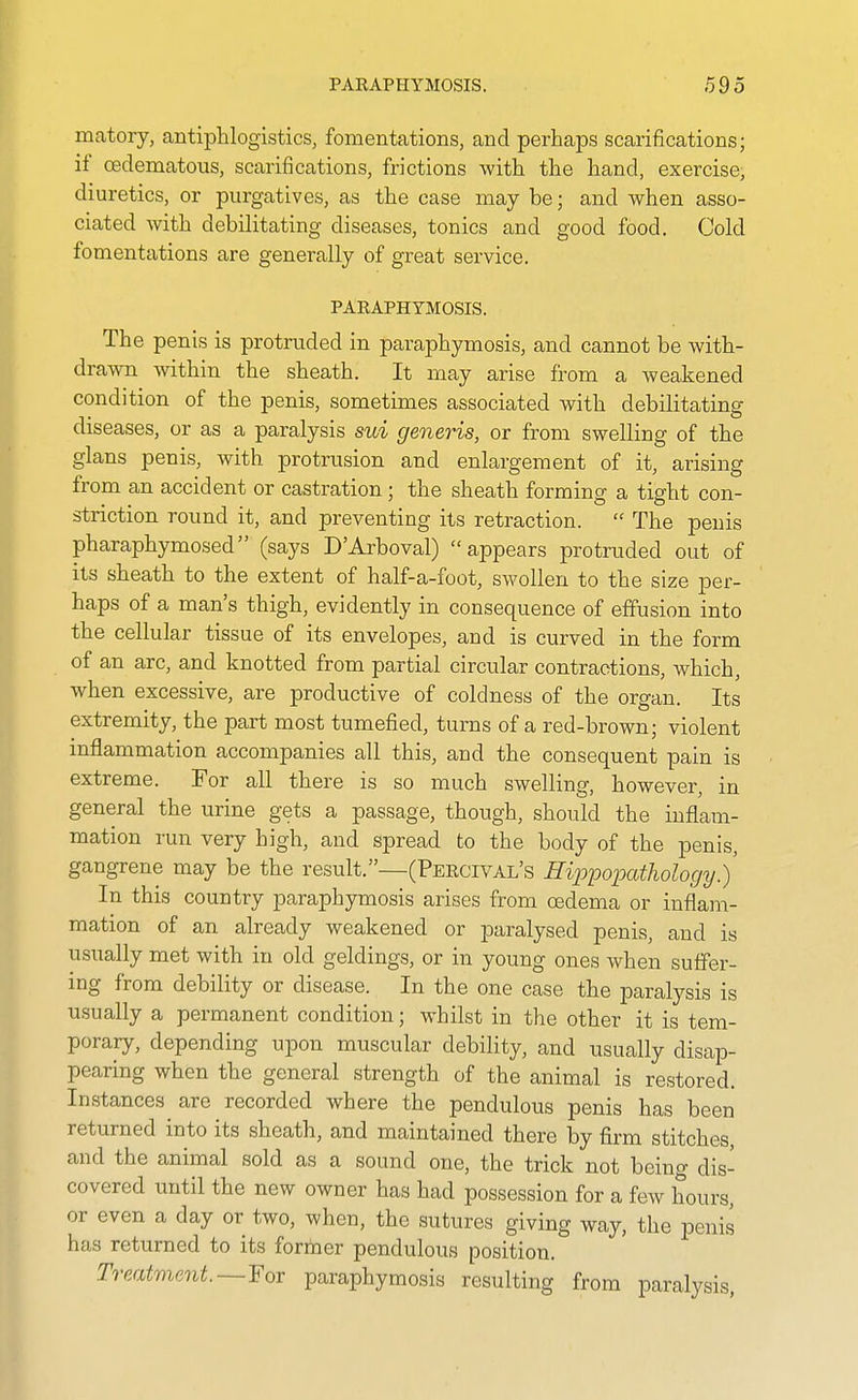 matoiy, antiphlogistics, fomentations, and perhajDS scarifications; if cedematous, scarifications, frictions with the hand, exercise, diuretics, or purgatives, as the case may be; and when asso- ciated with debilitating diseases, tonics and good food. Cold fomentations are generally of great service. PAEAPHYMOSIS. The penis is protruded in paraphymosis, and cannot be with- drawn within the sheath. It may arise from a weakened condition of the penis, sometimes associated with debilitating diseases, or as a paralysis sui generis, or from swelling of the glans penis, with protrusion and enlargement of it, arising from an accident or castration; the sheath forming a tight con- striction round it, and preventing its retraction.  The penis pharaphymosed (says D'Arboval) appears protruded out of its sheath to the extent of half-a-foot, swollen to the size per- haps of a man's thigh, evidently in consequence of effusion into the cellular tissue of its envelopes, and is curved in the form of an arc, and knotted from partial circular contractions, which, when excessive, are productive of coldness of the organ. Its extremity, the part most tumefied, turns of a red-brown; violent inflammation accompanies all this, and the consequent pain is extreme. For all there is so much swelling, however, in general the urine gets a passage, though, should the inflam- mation run very high, and spread to the body of the penis, gangrene may be the result.—(Peecival's Hi2)popathology.) In this country paraphymosis arises from oedema or inflam- mation of an already weakened or paralysed penis, and is usually met with in old geldings, or in young ones when suffer- ing from debility or disease. In the one case the paralysis is usually a permanent condition; whilst in the other it is tem- porary, depending upon muscular debility, and usually disap- pearing when the general strength of the animal is restored. Instances are recorded where the pendulous penis has been returned into its sheath, and maintained there by firm stitches, and the animal sold as a sound one, the trick not being dis- covered until the new owner has had possession for a few hours, or even a day or two, when, the sutures giving way, the penis has returned to its former pendulous position. Treatme7it.~FoT paraphymosis resulting from paralysis,