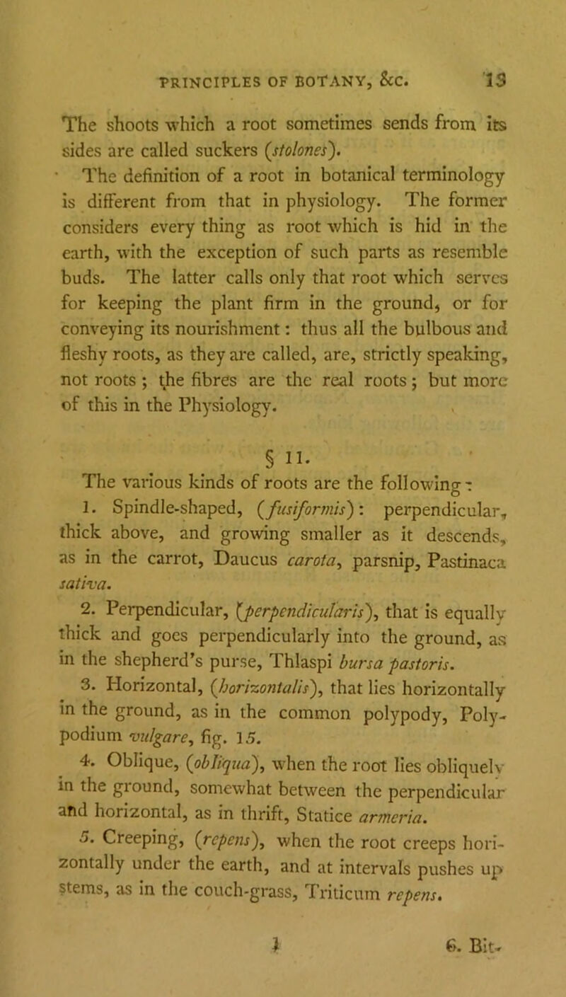 The shoots which a root sometimes sends from its sides are called suckers {stolones'). • The definition of a root in botanical terminology is different from that in physiology. The former considers every thing as root which is hid in the earth, with the exception of such parts as resemble buds. The latter calls only that root which serves for keeping the plant firm in the ground, or for conveying its nourishment: thus all the bulbous and fleshy roots, as they ai*e called, are, strictly speaking, not roots; the fibres are the real roots; but more of this in the Physiology. § 11. The various kinds of roots are the followino-t O 1. Spindle-shaped, (ftaifortnis): perpendicular, thick above, and growing smaller as it descends, as in the carrot, Daucus carota^ parsnip, Pastinaca sativa. 2. Perpendicular, l^perpendicularis')^ that is equally thick and goes perpendicularly into the ground, as in the shepherd’s purse, Thiaspi bursa pastoris. 3. Horizontal, (^horizonialis'), that lies horizontally in the ground, as in the common polypody. Poly- podium vulgare^ fig. 15. 4. Oblique, (obliqua), when the root lies obliquelv in the giound, somewhat between the perpendicular and horizontal, as in thrift, Statice anticria. 5. Creeping, (rcpens\ when the root creeps hori- zontally under the earth, and at intervals pushes up stems, as in the couch-grass, Triticum repens.