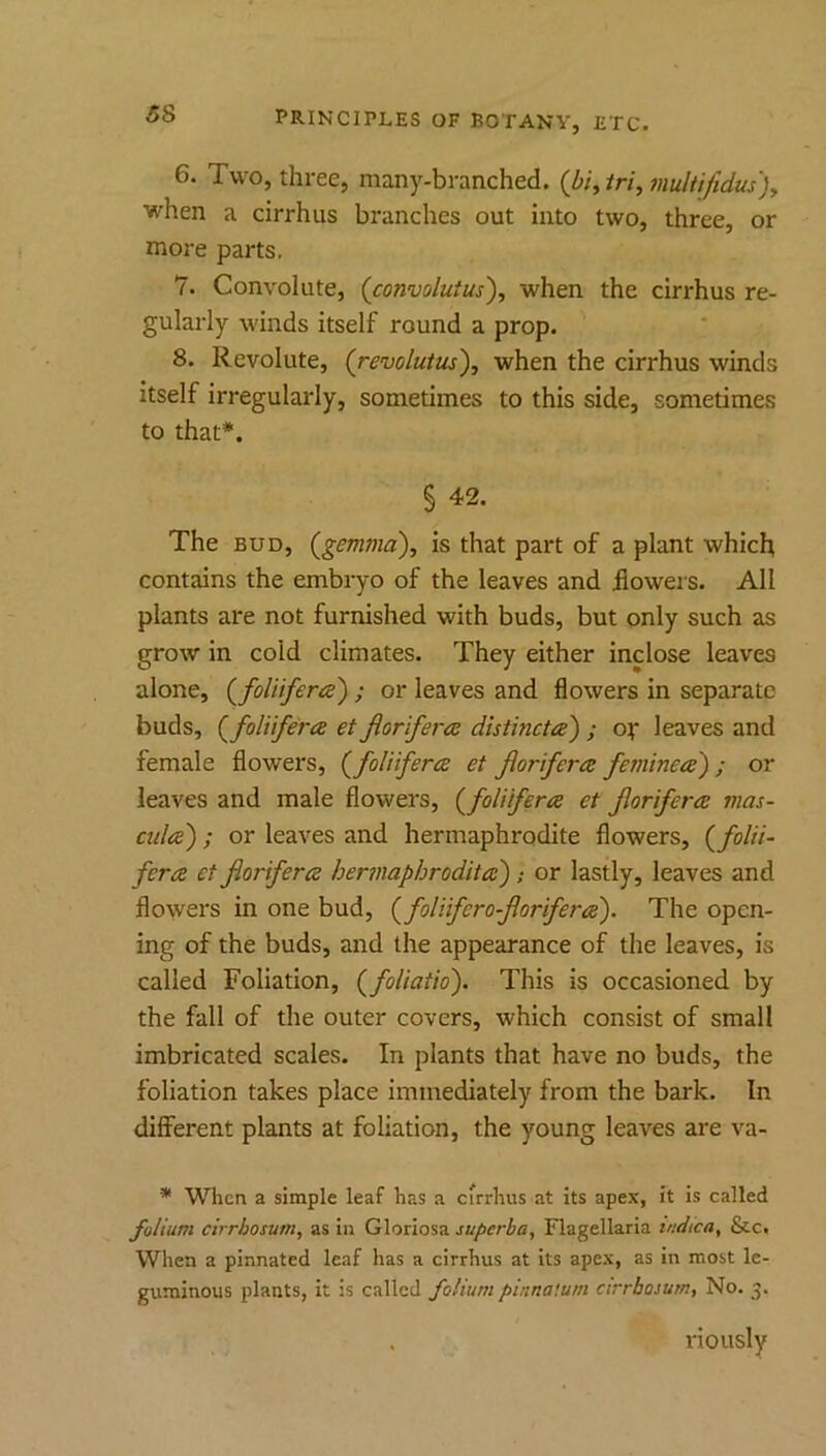 ss 6. Two, three, many-branched. (bi^tri,muliifidus)y when a cirrhus branches out into two, three, or more parts. 7. Convolute, (convoluius), when the cirrhus re- gularly winds itself round a prop. 8. Revolute, (revolutus'), when the cirrhus winds itself irregularly, sometimes to this side, sometimes to that*. § 42. The BUD, (gemma'), is that part of a plant which contains the embryo of the leaves and iiowers. All plants are not furnished with buds, but only such as grow in cold climates. They either inclose leaves alone, (foliifera) ; or leaves and flowers in separate buds, (foli'ifera et Jlorifera distinct^) ; oy leaves and female flowers, (foU'iferce et fiorifera feminea) ; or leaves and male flowers, (foU'iferce et Jlor'ifem mas- cula); or leaves and hermaphrodite flowers, (folii- fera et fiorifera hermaphrod'ita); or lastly, leaves and flowers in one bud, (fol'nfcro-fior'ifenz). The open- ing of the buds, and the appearance of the leaves, is called Foliation, (foUatio). This is occasioned by the fall of the outer covers, which consist of small imbricated scales. In plants that have no buds, the foliation takes place immediately from the bark. In different plants at foliation, the young leaves are va- * When a simple leaf has a cirrhus at its apex, it is called folium cirrhosum, as in Gloriosa superba, Flagellaria uidica, &c. Wlien a pinnated leaf has a cirrhus at its apex, as in most le- guminous plants, it is called foliumpinna’.um ctrrbojum, No. 3. . riously