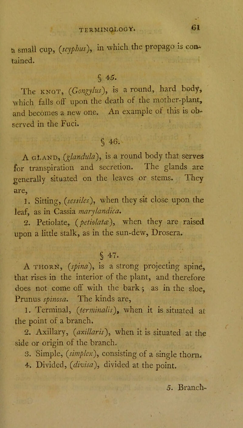 a small cup, {scyphus), in which the propago is coa^ tained. § 45. The KNOT, (Gongylus), is around, hard body, which falls off upon the death of the mother-plant, and becomes a new one. An example of this is ob- served in the Fuci. . * s 46. A GlAND, (glandula)^ is a round body that serves for transpiration and secretion. The glands are generally situated on the leaves or stems. They are, 1. Sitting, {sessiles), when they sit close upon the leaf, as in Cassia marylandica. 2. Petiolate, {petiolata), when they are raised upon a little stalk, as in the sun-dew, Drosera. § 47. A THORN, (spina), is a strong projecting spind, that rises in the interior of the plant, and therefore does not come off with the bark j as in the sloe, Prunus spinosa. The kinds are, 1. Terminal, (terminalis), when it is situated at the point of a branch. 2. Axillary, (axillaris'), when it is situated at the side or origin of the branch. 3. Simple, (simplex), consisting of a single thorn. 4. Divided, (divisa), divided at the point. 5. Branch-