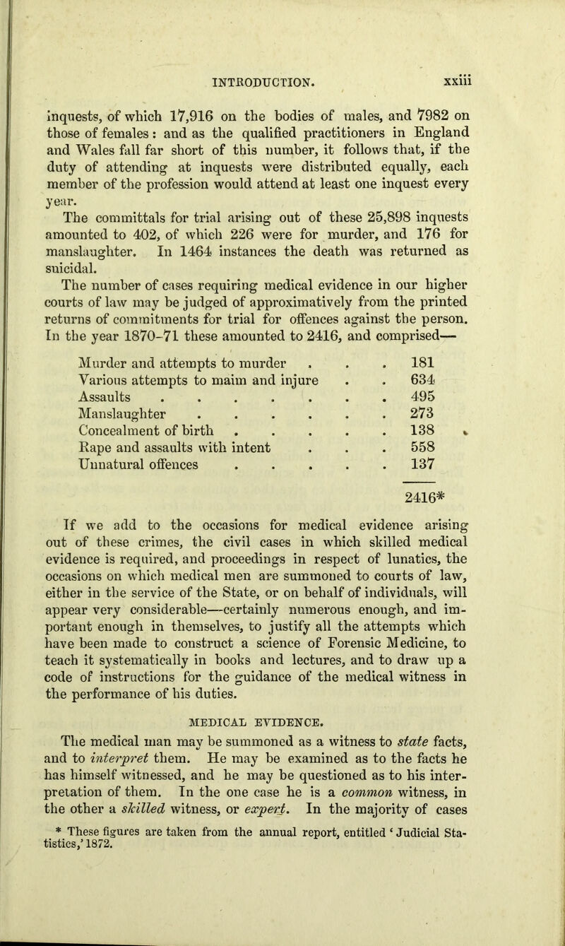 inquests, of which 17,916 on the bodies of males, and 7982 on those of females: and as the qualified practitioners in England and Wales fall far short of this number, it follows that, if the duty of attending at inquests were distributed equally, each member of the profession would attend at least one inquest every year. The committals for trial arising out of these 25,898 inquests amounted to 402, of which 226 were for murder, and 176 for manslaughter. In 1464 instances the death was returned as suicidal. The number of cases requiring medical evidence in our higher courts of law may be judged of approximatively from the printed returns of commitments for trial for offences against the person. In the year 1870-71 these amounted to 2416, and comprised— Murder and attempts to murder . . . 181 Various attempts to maim and injure . . 634 Assaults ....... 495 Manslaughter . . . . . .273 Concealment of birth . . . . . 138 *, Rape and assaults with intent . . . 558 Unnatural offences ..... 137 2416* If we add to the occasions for medical evidence arising out of these crimes, the civil cases in which skilled medical evidence is required, and proceedings in respect of lunatics, the occasions on which medical men are summoned to courts of law, either in the service of the State, or on behalf of individuals, will appear very considerable—certainly numerous enough, and im- portant enough in themselves, to justify all the attempts which have been made to construct a science of Forensic Medicine, to teach it systematically in books and lectures, and to draw up a code of instructions for the guidance of the medical witness in the performance of his duties. MEDICAL EYIDENCE. The medical man may be summoned as a witness to state facts, and to interpret them. He may be examined as to the facts he has himself witnessed, and he may be questioned as to his inter- pretation of them. In the one case he is a common witness, in the other a skilled witness, or expert. In the majority of cases * These figures are taken from the annual report, entitled ‘ Judicial Sta- tistics,1 1872.