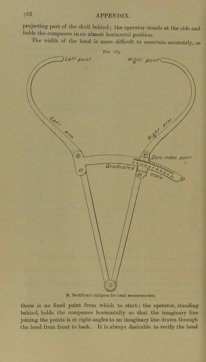 projecting part of the skull behind; the operator stands at the side and holds the compasses in an almost horizontal position. The width of the head is more difficult to ascertain accurately, as Fig. 183. there is no fixed point from which to start; the operator, standing behind, holds the compasses horizontally so that the imaginary line joining the points is at right angles to an imaginary line di-awn through the head from front to back. It is always desirable to verify the head