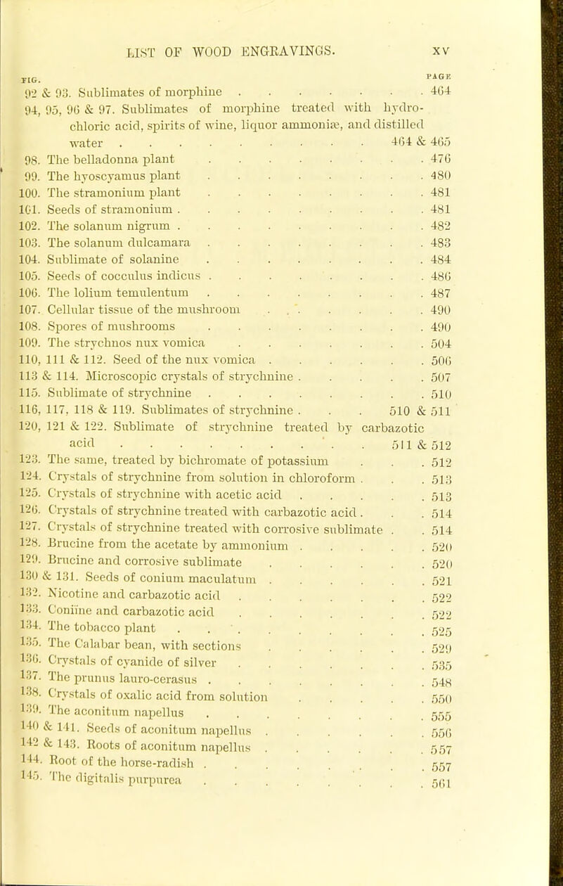 riG. PAGK t)2 & 93. Sublimates of morphine . 404 iU, 95, 9(3 & 97. Sublimates of morphine treated with hydro- chloric acid, spirits of wine, liquor ammonia?, and distilled water 404 & 405 08. The belladonna plant . 470 99. The hyoscyamus plant . 480 100. The stramonium plant . 481 101. Seeds of stramonium ....... . 481 102. The solanum nigrum . 482 10.3. The solanum dulcamara . 483 104. Sublimate of solanine ...... . 484 105. Seeds of cocculus indicus ...... . 480 100. The lolium temulentum . 487 107. Cellular tissue of the mushroom ... . 490 108. Spores of mushrooms ...... . 490 109. The strychnos nux vomica ..... . 504 110, 111 & 112. Seed of the nux vomica .... . 500 113 & 114. Microscopic crystals of strychnine . . 507 115. Sublimate of strychnine ...... . 510 116, 117, 118 & 119. Sublimates of strychnine . 510 & 511 120, 121 & 122. Sublimate of strychnine treated by carbazotic acid 511 & 512 123. The same, treated by bichromate of potassium . 512 124. Crystals of strychnine from solution in chloroform . . 513 125. Crystals of strychnine with acetic acid . 513 12(3. C'rystals of strychnine treated with carbazotic acid . . 514 127. Crystals of strychnine treated with coiTOsive sublimate . 514 r_'.y. Brucine from the acetate by ammonium . . 52(1 129. Brucine and corrosive sublimate .... . 520 130 & 131. Seeds of conium maculatuni .... . 621 132. Nicotine and carbazotic acid . 522 133. Coniine and carbazotic acid . 522 134. The tobacco plant . . ' . 525 135. The Cahibar bean, with sections .... . 529 13(;. CiTstals of cyanide of silver . 535 137. The prunus lauro-cerasus . 548 138. Crystals of oxalic acid from solution . 550 139. The aconitum napellus . 555 140 & 141. Seeds of aconitum napellus .... . 55(; 142 & 143. Roots of aconitum napellus .... . 557 144. Root of the horse-radish . 557 145. 'I'lio digitalis purpurea . 501