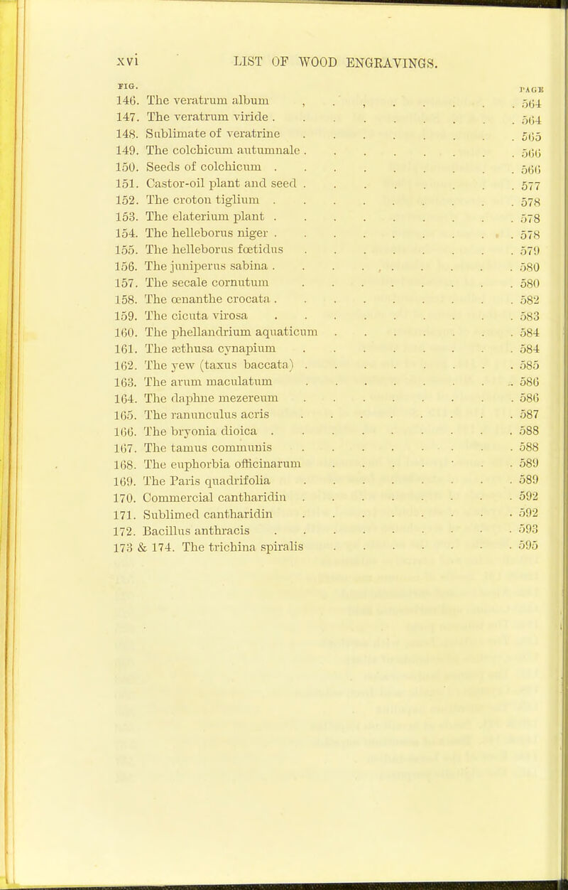 146. The vemtruin album , . , . . . 5134 147. The veratrum viride 51)4 148. Sublimate of veratrine ........ 5(j5 149. The colchiciim autumnale 150. Seeds of colchicnm 5(3(5 151. Castor-oil plant and seed 577 152. The crotou tiglinm q-j^ 153. The elateiium plant 578 154. The helleborus niger 57s 155. The helleborus foetidus 57il 156. The jimiperus sabina . . . ,580 157. The secale cornutura 580 158. The cenanthe crocata 582 159. The cicuta virosa 583 160. The phellandrium aquaticum 584 161. The ajthusa cynapium 584 162. The }-ew (taxus baccata) 585 163. The arum maculatum 586 164. The daphne mezereum 586 165. The ranunculus acris 587 166. The bryonia dioica 588 167. Tlie tamus communis . . 588 168. The euphorbia ofticinarum ....... 589 169. The Paris quadrifolia 589 170. Oommercial cantharidin 592 171. Sublimed cantharidin 592 172. Bacillus anthracis 593 173 & 174. The trichina .spirahs 595