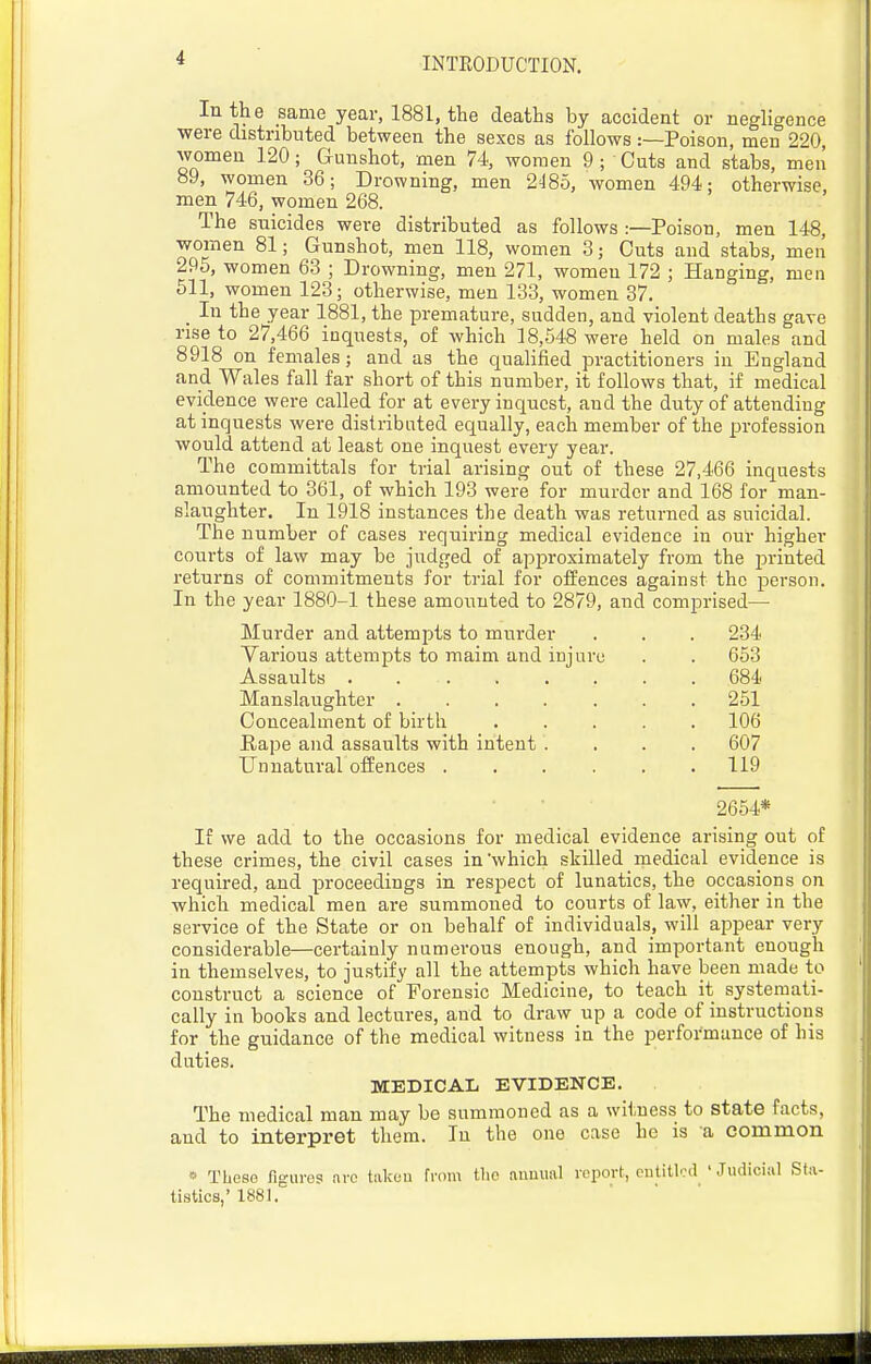 In the same year, 1881, the deaths by accident or negligence were distributed between the sexes as follows:—Poison, men 220, women 120; Gunshot, men 74, women 9 ; Cuts and stabs, men 89, women 36; Drowning, men 2^85, women 494; otherwise, men 746, women 268. The suicides were distributed as follows :—Poison, men 148, women 81; Gunshot, men 118, women 3; Cuts and stabs, men 295, women 63 ; Drowning, men 271, women 172 ; Hanging, men 511, women 123; otherwise, men 133, women 37. In the year 1881, the premature, sudden, and violent deaths gave rise to 27,466 inquests, of which 18,548 were held on males and 8918 on females; and as the qualified practitioners in England and Wales fall far short of this number, it follows that, if medical evidence were called for at every inquest, and the duty of attending at inquests were distributed equally, each member of the profession would attend at least one inquest every year. The committals for trial arising out of these 27,466 inquests amounted to 361, of which 193 were for murder and 168 for man- slaughter. In 1918 instances the death was returned as suicidal. The number of cases requiring medical evidence in our higher courts of law may be judged of approximately from the printed returns of commitments for trial for offences against the person. In the year 1880-1 these amounted to 2879, and comprised— Murder and attempts to murder . . . 234 Yarious attempts to maim and injure . . 653 Assaults 684 Manslaughter ....... 251 Concealment of birth 106 Eape and assaults with intent .... 607 Unnatural offences ...... 119 2654* If we add to the occasions for medical evidence arising out of these crimes, the civil cases in which skilled medical evidence is required, and proceedings in respect of lunatics, the occasions on which medical men are summoned to courts of law, either in the service of the State or on behalf of individuals, will appear very considerable—certainly numerous enough, and important enough in themselves, to ju.stify all the attempts which have been made to construct a science of Forensic Medicine, to teach it systemati- cally in books and lectures, and to draw up a code of instructions for the guidance of the medical witness in the performance of his duties. MEDICAli EVIDENCE. The medical man may be summoned as a witness to state facts, and to interpret them. In the one case he is a common » These figures are takeu from the nuuual report, cutitlod 'Judicial Sta- tistics,' 1881.
