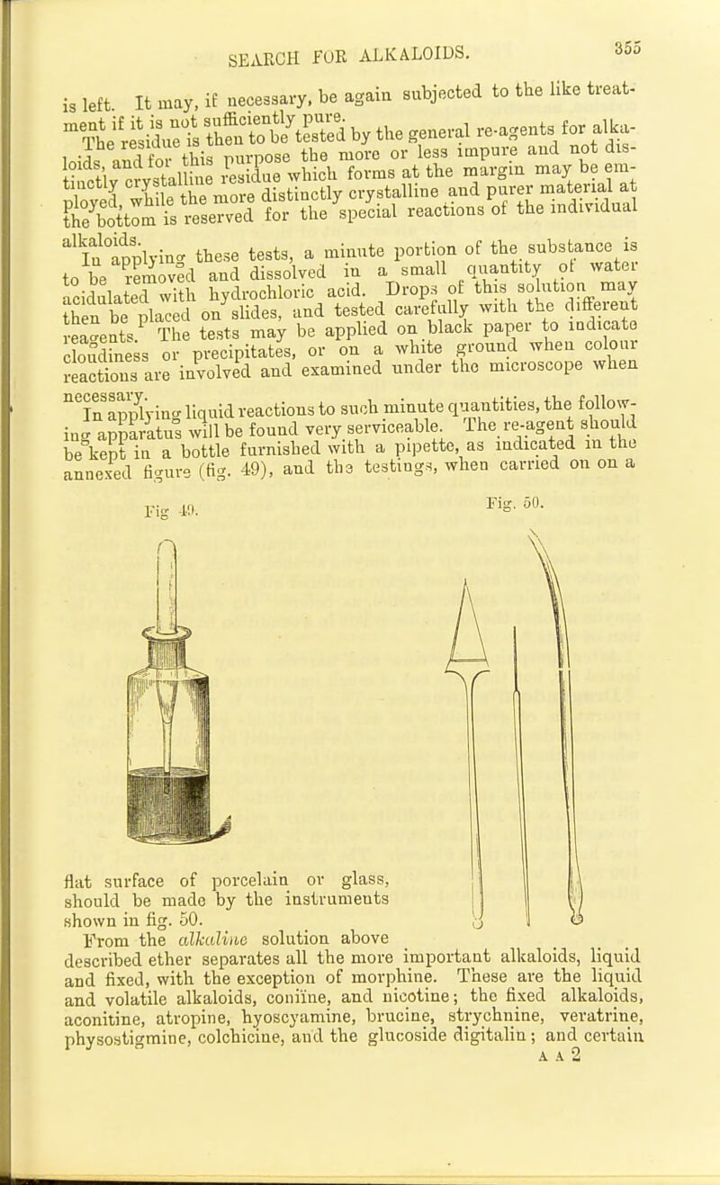 is left It may, if necessary, be again subjected to the like treat- ^^ij rfsil: is Sfn^ot^esS by the general --agents for alka- loid aS for this purpose the more or less impure and not dis- Sv crvstalliue residue ^Yhich forms at the margin may be em- Xved wh e tbe more distinctly crystalline and purer material at Kottom Ys reserved for the special reactions of the individual ''^Iu°Splyin- these tests, a minute portion of the substance is to be r?mov1d and dissolved in a small quantity ot water IcidulateTwiUi hydrochloric acid. Drops of this solution may Sen be placed on slides, and tested carefully with the different reagents ^ The tests may be applied on black paper to indicate cloSine^s or precipitates, or on a white ground when colour Reactions are involved and examined under the microscope when ^In'appking l^iid reactions to such minute quantities, the follow- ing appSrituI will be found very serviceable The re-agent should be kept in a bottle furnished with a pipette, as indicated in the annexed figure (fig. 49), and the testings, when carried on on a rig .10. flat surface of porcelain or glass, should be made by the instruments shown in fig. 50. From the alkuliue solution above described ether separates all the more important alkaloids, liquid and fixed, with the exception of morphine. These are the liquid and volatile alkaloids, coniine, and nicotine; the fixed alkaloids, aconitine, atropine, hyoscyamine, brucine, strychnine, veratrine, physostigmine, colchicine, and the glucoside digitalin; and certain A .\ 2