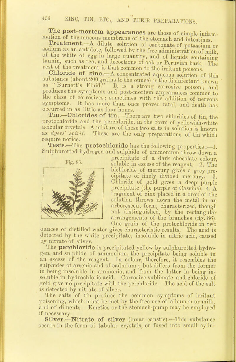 The post-mortem appearances are those of simple iuflam- miitiou ot the mucous membrane of the stomach and intestines Treatment.—A dilute solution of carbonate of potassium or sodium as an antidote, followed by the free administration of milk of the white o£ egg m large quantity, and of liquids containing tannin, such as tea, and decoctions of oak or Peruvian bark. The rest of the treatment is that common to the irritant poisons. Chloride of zinc—A concentrated aqueous solution of this substance (about 200 grains to the ounce) is the disinfectant known as Burnett's Fluid. It is a strong corrosive poison; and produces the symptoms and post-mortem appearances common to the class of corrosives; sometimes with the addition of nervous symptoms. It has more than once proved fatal, and death has occurred in as little as four hours. Tin.—Chlorides of tin.—There are two chlorides of tin, the protochlonde and the perchloride, in the form of yellowish-white acicular crystals. A mixture of these two salts in solution is known as dyers' spirit. These are the only preparations of tin which require notice. Tests.—The protochloride has the following properties :—1. Sulphuretted hydrogen and sulphide of ammonium throw down a precipitate of a dark chocolate colour, soluble in excess of the reagent. 2. The bichloride of mercury gives a grey pre- cipitate of finely divided mercury. 3. chloride of gold gives a deep purple precipitate (the purple of Cassius). 4. A fragment of zinc placed in a drop of the solution throws down the metal in an arborescent form, characterized, though iiot distinguished, by the rectangular arrangements of the branches (fig. 86). One grain of the protochloride in two ounces of distilled water gives characteristic results. The acid is detected by the white precipitate, insoluble in nitric acid, caused by nitrate of silver. The perchloride is in-ecijDitated yellow by sulphuretted hydro- gen, and sulphide of ammonium, the precipitate being soluble in an excess of the reagent. In colour, therefore, it resembles the sulphides of arsenic and of cadmium ; but differs from the former in being insoluble in ammonia, and from the latter in being in- soluble in hydrochloric acid. Corrosive sublimate and chloride of gold give no precipitate with the perchloride. The acid of the salt is detected by nitrate of silver. The salts of tin produce the common symptoms of irritant poisoning, which must be met by the free use of albumen or milk, and of diluents. Emetics or the stomach-pump may be employed if necessary. Silver.—Nitrate of silver (lunar caustic).—This substance occurs in the form of tabular crystals, or fused into small cylin-