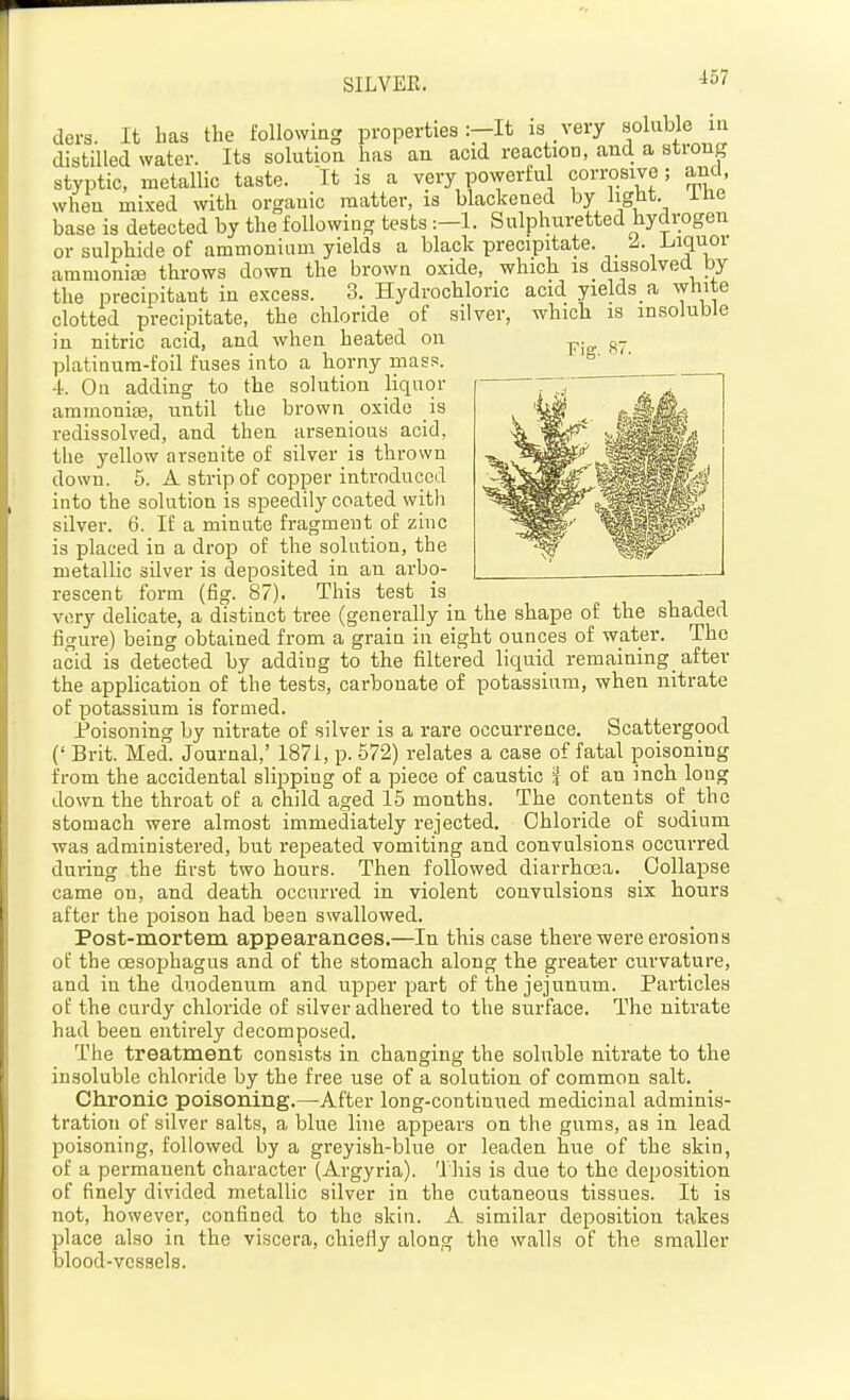 SILVEE. ders. It has the following properties:—It is very soluble m distilled water. Its solution has an acid reaction, and a strong styptic, metallic taste. It is a very powerfu corrosive; and, when mixed with organic matter, is blaclcened by ligtit. itie base is detected by the following tests Sulphuretted hydrogen or sulphide of ammonium yields a black precipitate. 2. Liiquoi ammoniaa throws down the brown oxide, which is dissolved by the precipitant in excess. 3. Hydrochloric acid yields a white clotted precipitate, the chloride of silver, which is insoluble in nitric acid, and when heated on ^.^ platinum-foil fuses into a horny mass. 4. On adding to the solution liquor ammonia3, until the brown oxide is redissolved, and then arsenious acid, the yellow araenite of silver is thrown down. 6. A strip of copper introduced into the solution is speedily coated with silver. 6. If a minute fragment of zinc is placed in a drop of the solution, the metallic silver is deposited in an arbo- rescent form (fig. 87). This test is very delicate, a distinct tree (generally in the shape of the shaded figure) being obtained from a grain in eight ounces of water. The acid is detected by adding to the filtered liquid remaining_ after the application of the tests, carbonate of potassium, when nitrate of potassium is formed. Poisoning by nitrate of silver is a rare occurrence. Scattergood (' Brit. Med. Journal,' 1871, p. 572) relates a case of fatal poisoning from the accidental slipping of a piece of caustic i of an incb long down the throat of a child aged 15 months. The contents of the stomach were almost immediately rejected. Chloride of sodium was administered, but repeated vomiting and convulsions occurred during the first two hours. Then followed diarrhoea. Collapse came on, and death occurred in violent convulsions six hours after the poison had been swallowed. Post-mortem appearances.—In this case there were erosions of the oesophagus and of the stomach along the greater curvature, and in the duodenum and upper part of the jejunum. Particles of the curdy chloride of silver adhered to the surface. The nitrate had been entirely decomposed. The treatment consists in changing the soluble nitrate to the insoluble chloride by the free use of a solution of common salt. Chronic poisoning.—After long-continued medicinal adminis- tration of silver salts, a blue line appears on the gums, as in lead poisoning, followed by a greyish-blue or leaden hue of the skin, of a permanent character (Argyria). This is due to the deposition of finely divided metallic silver in the cutaneous tissues. It is not, however, confined to the skin. A similar deposition takes place also in the viscera, chiefly along the walls of the smaller blood-vessels.