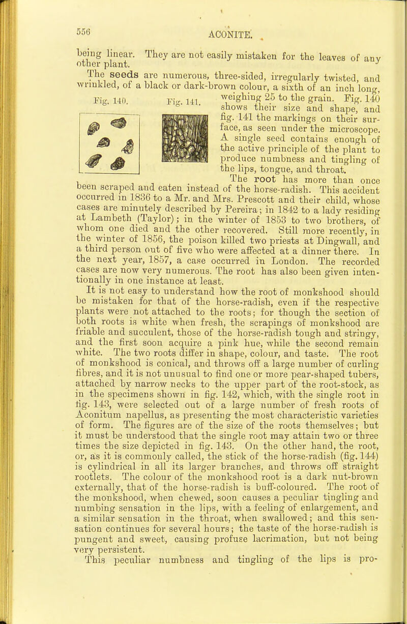 being linear. They are not easily mistaken for the leaves of anv other plant. ■' The seeds are numerous, three-sided, irregularly twisted, and wrmkled, of a black or dark-brown colour, a sixth of an inch long, Fig 140 Fic, Ml weighing 25 to the grain. Fig. llo shows their size and shape, and fig. 141 the markings on their sur- face, as seen under the microscope. A single seed contains enough of the active principle of the plant to produce numbness and tingling of the lips, tongue, and throat. , The root has more than once been scraped and eaten instead of the horse-radish. This accident occnrred m 1836 to a Mr. and Mrs. Prescott and their child, whose cases are minutely described by Pereira; in 1842 to a lady residing at Lambeth (Taylor); in the winter of 1853 to two brothers, of whom one died and the other recovered. Still more recently, in the wmter of 1856, the poison killed two priests at Dingwall, and a third person out of five who were affected at a dinner there. In the next year, 1857, a case occurred in London. The recorded cases are now very numerous. The root has also been given inten- tionally in one instance at least. It is not easy to understand how the root of monkshood should be mistaken for that of the horse-radish, even if the respective plants were not attached to the roots; for though the section of both roots is white when fresh, the scrapings of monkshood are friable and succulent, those of the horse-radish tough and stringy, and the first soon acquire a pink hue, while the second remain white. The two roots differ in shape, colour, and taste. The root of monkshood is conical, and throws off a large number of curling fibres, and it is not unusual to find one or more pear-shaped tubers, attached by narrow necks to the upper part of the root-stock, as in the specimens shown in fig. 142, which, with the single root in rig. 143, were selected out of a large number of fresli roots of Aconitum napellus, as presenting the most characteristic varieties of form. The figures are of the size of the roots themselves; but it must be understood that the single root may attain two or three times the size depicted in fig. 143. On the other hand, the root, or, as it is commonly called, the stick of the horse-radish (fig. 144) is cylindrical in all its larger branches, and throws off straight rootlets. The colour of the monkshood root is a dark nut-brown externally, that of the horse-radish is buff-coloured. The root of the monkshood, when chewed, soon causes a peculiar tingling and numbing sensation in the lips, with a feeling of enlargement, and a similar sensation in the throat, when swallowed; and this sen- sation continues for several hours; the taste of the horse-radish is pungent and sweet, causing profuse lacrimation, but not being very persistent. This peculiar numbness and tingling of the lips is pro-