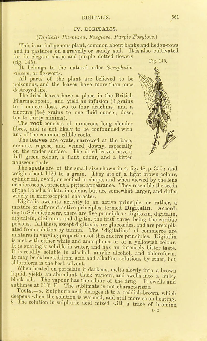 IV. DiaiTAIilS. {Bigiialis Pw)j>urea, Fu.cglove, Purple Foxglove.) This is an indigenous plant, common abont banks and hedge-rovva and in pastures on a gravelly or sandy soil. It is also cultivated for its elegant sbape and purple dotted flowers (Bg. 145). I'ig- l-i^- It belongs to the natural order ScroplMla- riacew, or fig-worts. All parts of the plant are believed to be poisonous, and the leaves have more than once destroyed life. Tlie dried leaves have a place in the British Pharmacopoeia; and yield an infusion (3 grains to 1 ounce; dose, two to four drachms) and a tiucture (54^ grains to one fluid ounce; dose, ten to thirty minims). The root consists of numerous long slender fibres, and is not likely to be confounded with any of the common edible roots. The leaves are ovate, narrowed at the base, crenate, rugose, and veined, downy, especially on the under surface. The dried leaves have a dull green colour, a faint odour, and a bitter nauseous taste. The seeds are of the small size shown in 4, fig. 48, p. 350 ; and weigh about 1126 to a grain. They are of a light brown colour, cylindrical, ovoid, or conical in shape, and when viewed by the lens or microscope, present a pitted appearance. They resemble the seeds of the Lobelia inflata in coloui', but are somewhat larger, and differ widely in microscopical character. Digitalis owes its activity to an active principle, or rather, a mixture of different active principles, termed Digitalin. Accord- ing to Schmiedeberg, there are five principles : digitoxin, digitalin, digitalein, digitonin, and digitin, the first three being the cardiac poisons. All these, except digitoxin, are glucosides, and are precipit- ated from solution by tannin. The 'digitalins' of commerce are mixtures iu varying proportions of these active principles. Digitalin is met with either white and amorphous, or of a yellowish colour. It is sparingly soluble in water, and has an intensely bitter taste. It IS readily soluble in alcohol, amylic alcobol, and chloroform. It may be extracted from acid and alkaline solutions by ether, but chloroform is the best solvent. When heated on porcelain it darkens, melts slowly into a brown liquid, yields an abundant thick vapour, and swells into a bulky black ash. The vapour has the odour of the drag. It swells and sublimes at 310° F. The sublimate is not characteristic. Tests.—a. Sulphuric acid changes it to a reddish-brown, which deepens when the solution is warmed, and still more soon heating b. Ihe solution in sulphuric acid mixed with a trace of bromine 0 0