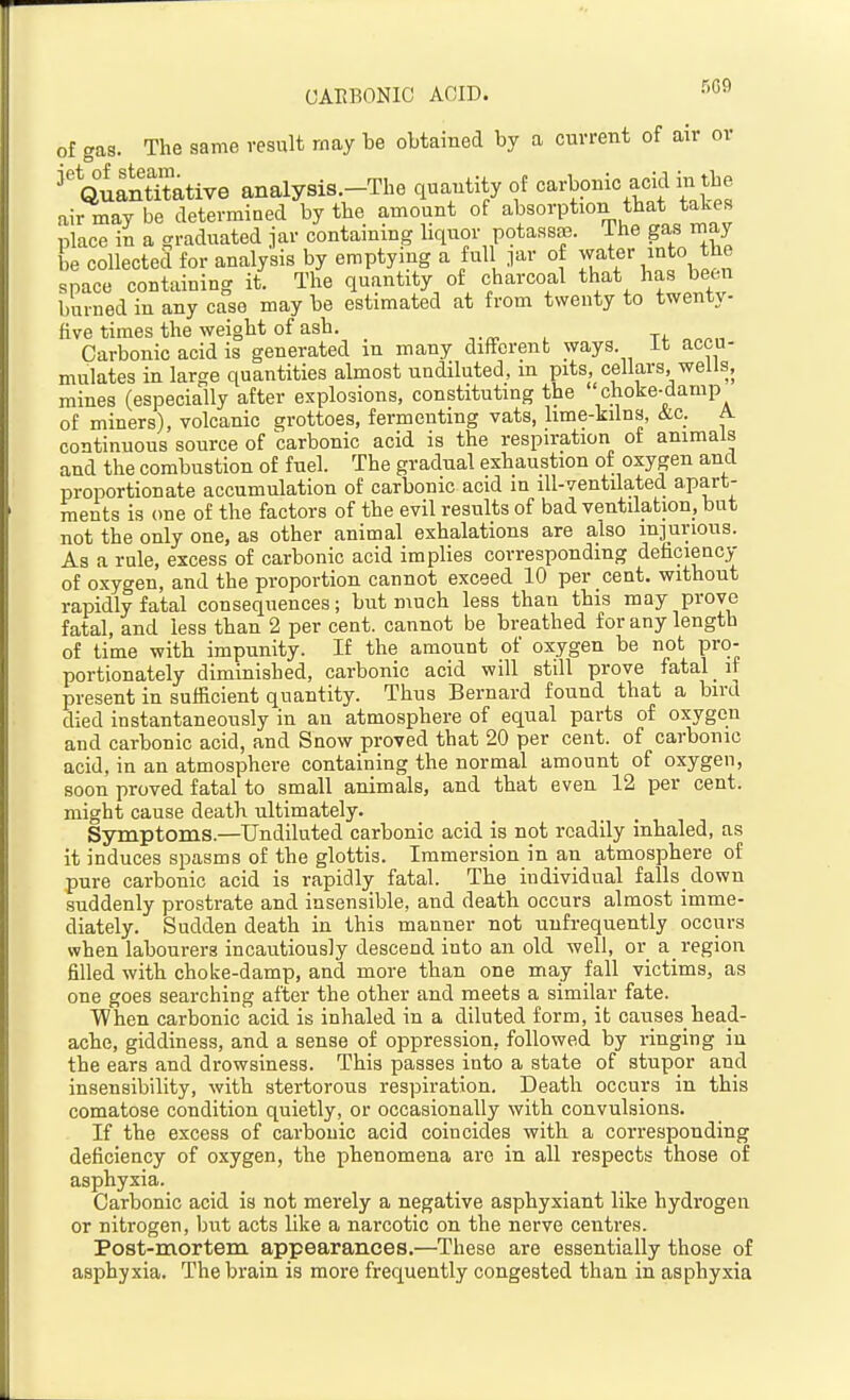 OAUBONIC ACID. ^'^^ of gas. The same result rnay be obtained by a current of air or QuiSative analysis.-The quantity of carbonic acid iu the air may be determined by the amount of absorption that takes place in a graduated jar containing liquor potass^. The gas may be collected for analysis by emptying a full lar of ^at^r into the space containing it. The quantity of charcoal that has been burned in any case may be estimated at from twenty to twenty- five times the weight of ash. _ T*. on^n Carbonic acid is generated in many different ways, it accu- mulates in large quantities almost undiluted, m pits, cellars, wells, mines (especially after explosions, constituting the choke-damp of miners), volcanic grottoes, fermenting vats, lime-kilns, &c. A continuous source of carbonic acid is the respiration of animals and the combustion of fuel. The gradual exhaustion of oxygen and proportionate accumulation of carbonic acid in ill-ventilated apart- ments is one of the factors of the evil results of bad ventilation, but not the only one, as other animal exhalations are also injurious. As a rule, excess of carbonic acid implies corresponding deiiciency of oxygen, and the proportion cannot exceed 10 per cent, without rapidly fatal consequences; but much less than this may prove fatal, and less than 2 per cent, cannot be breathed for any length of time with impunity. If the amount of oxygen be not pro- portionately diminished, carbonic acid will still prove fatal _ if present in sufficient quantity. Thus Bernard found that a bird died instantaneously in an atmosphere of equal parts of oxygen and carbonic acid, and Snow proved that 20 per cent, of carbonic acid, in an atmosphere containing the normal amount of oxygen, soon proved fatal to small animals, and that even 12 per cent, might cause death ultimately. Symptoms.—Undiluted carbonic acid is not readily inhaled, as it induces spasms of the glottis. Immersion in an atmosphere of pure carbonic acid is rapidly fatal. The individual falls down suddenly prostrate and insensible, and death occurs almost imme- diately. Sudden death in this manner not unfrequently occurs when labourers incautiously descend into an old well, or a region filled with choke-damp, and more than one may fall victims, as one goes searching after the other and meets a similar fate. When carbonic acid is inhaled in a diluted form, it causes head- ache, giddiness, and a sense of oppression, followed by ringing iu the ears and drowsiness. This passes into a state of stupor and insensibility, with stertorous respiration. Death occurs in this comatose condition quietly, or occasionally with convulsions. If the excess of carbonic acid coincides with a corresponding deficiency of oxygen, the phenomena are in all respects those of asphyxia. Carbonic acid is not merely a negative asphyxiant like hydrogen or nitrogen, but acts like a narcotic on the nerve centres. Post-mortem appearances.—These are essentially those of asphyxia. The brain is more frequently congested than in asphyxia