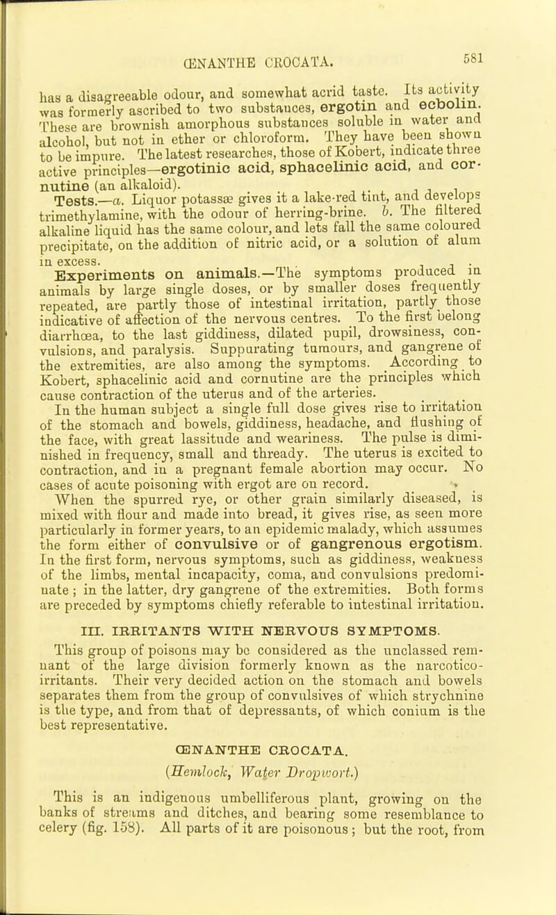 has a disagreeable odour, and somewhat acrid taste. Its activity was formerly ascribed to two substances, ergotin and ectoolin. These are brownish amorphous substances soluble m water ana alcohol, but not in ether or chloroform. They have been shown to be impure. The latest researches, those of Kooert, indicate three active principles—ergotinic acid, sphacelinic acid, and cor- nutiiie (an alkaloid). Tests.—a. Liquor potassse gives it a lake-red tint, and develops trimethylamine, with the odour of herring-brine, h. The filtered alkaline liquid has the same colour, and lets fall the same coloured precipitate, on the addition of nitric acid, or a solution of alum in excess. , . Experiments on animals.—The symptoms produced in animals by large single doses, or by smaller doses frequently repeated, are partly those of intestinal irritation, partly those indicative of affection of the nervous centres. To the first belong diarrhoea, to the last giddiness, dilated pupil, drowsiness, con- vulsions, and paralysis. Suppurating tumours, and gangrene of the extremities, are also among the symptoms. According to Kobert, sphacelinic acid and cornutine are the principles which cause contraction of the uterus and of the arteries. In the human subject a single full dose gives rise to irritation of the stomach and bowels, giddiness, headache, and flushing of the face, with great lassitude and weariness. The pulse is dimi- nished in frequency, small and thready. The uterus is excited to contraction, and in a pregnant female abortion may occur. No cases of acute poisoning with ergot are on record. » When the spurred rye, or other grain similarly diseased, is mixed with flour and made into bread, it gives rise, as seen more particularly in former years, to an epidemic malady, which assumes the form either of convulsive or of gangrenous ergotism. In the first form, nervous symptoms, such as giddiness, weakness of the limbs, mental incapacity, coma, and convulsions predomi- nate ; in the latter, dry gangrene of the extremities. Both forms are preceded by symptoms chiefly referable to intestinal irritation. III. IBBITANTS WITH NEBVOtJS SYMPTOMS. This group of poisons may be considered as the unclassed rem- nant of the large division formerly known as the narcotico- irritants. Their very decided action on the stomach and bowels separates them from the group of convulsives of which strychnine is the type, and from that of depressants, of which conium is the best representative. CENANTHE CBOCATA. {Heniloch, Water Bro^nvort.) This is an indigenous umbelliferous plant, growing on the banks of streams and ditches, and bearing some resemblance to celery (fig. 158). All parts of it are poisonous ; but the root, from