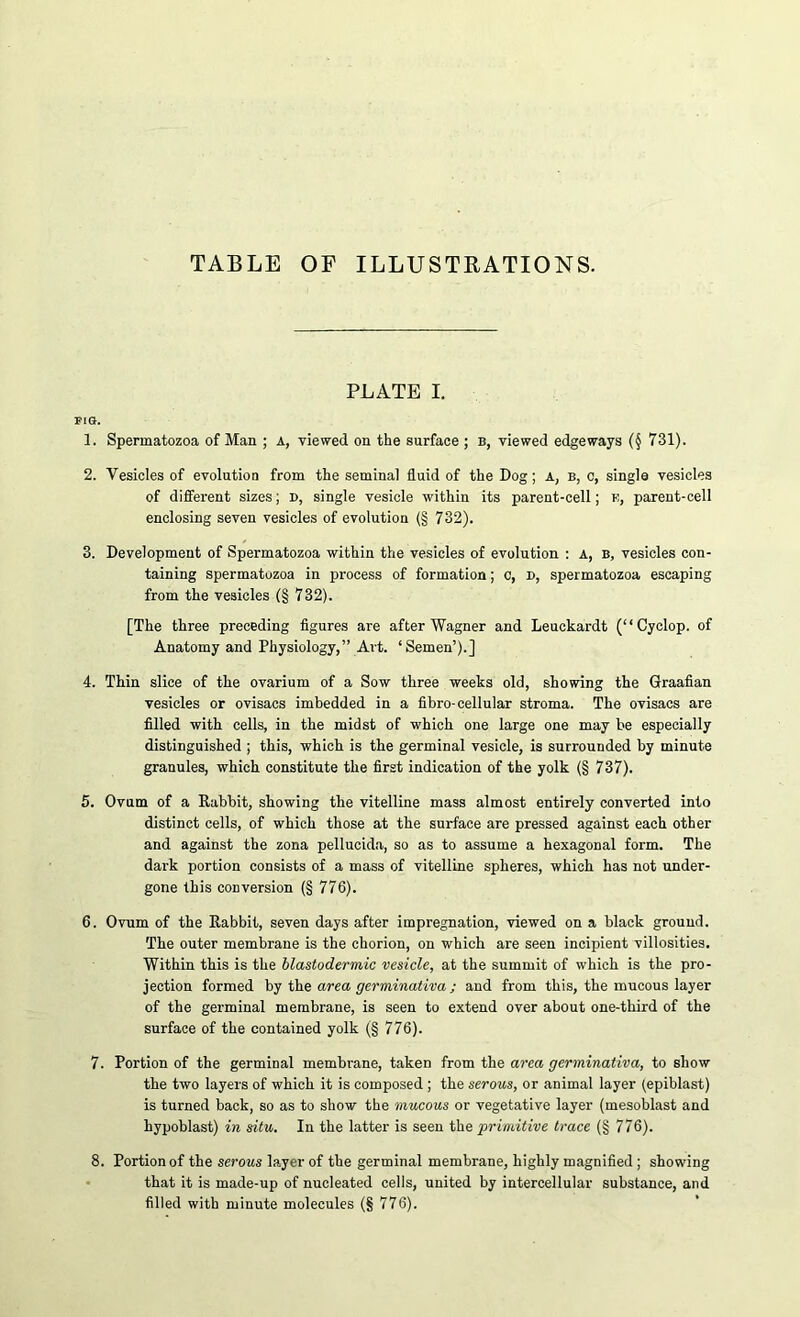 TABLE OF ILLUSTRATIONS. PLATE I. FIG. 1. Spermatozoa of Man ; A, viewed on the surface ; b, viewed edgeways (§ 731). 2. Vesicles of evolution from the seminal fluid of the Dog; a, b, c, single vesicles of different sizes; d, single vesicle within its parent-cell; e, parent-cell enclosing seven vesicles of evolution (§ 732). 3. Development of Spermatozoa within the vesicles of evolution : a, b, vesicles con- taining spermatozoa in process of formation; c, d, spermatozoa escaping from the vesicles (§ 732). [The three preceding figures are after Wagner and Leuckardt (“Cyclop, of Anatomy and Physiology,” Art. ‘Semen’).] 4. Thin slice of the ovarium of a Sow three weeks old, showing the Graafian vesicles or ovisacs imbedded in a fibro-cellular stroma. The ovisacs are filled with cells, in the midst of which one large one may be especially distinguished ; this, which is the germinal vesicle, is surrounded by minute granules, which constitute the first indication of the yolk (§ 737). 5. Ovum of a Rabbit, showing the vitelline mass almost entirely converted into distinct cells, of which those at the surface are pressed against each other and against the zona pellucida, so as to assume a hexagonal form. The dark portion consists of a mass of vitelline spheres, which has not under- gone this conversion (§ 776). 6. Ovum of the Rabbit, seven days after impregnation, viewed on a black ground. The outer membrane is the chorion, on which are seen incipient villosities. Within this is the blastodermic vesicle, at the summit of which is the pro- jection formed by the area germinativa ; and from this, the mucous layer of the germinal membrane, is seen to extend over about one-third of the surface of the contained yolk (§ 776). 7. Portion of the germinal membrane, taken from the area germinativa, to show the two layers of which it is composed ; the serous, or animal layer (epiblast) is turned back, so as to show the mucous or vegetative layer (mesoblast and hypoblast) in situ. In the latter is seen the primitive trace (§ 776). 8. Portion of the serous layer of the germinal membrane, highly magnified ; showing that it is made-up of nucleated cells, united by intercellular substance, and filled with minute molecules (§ 776).