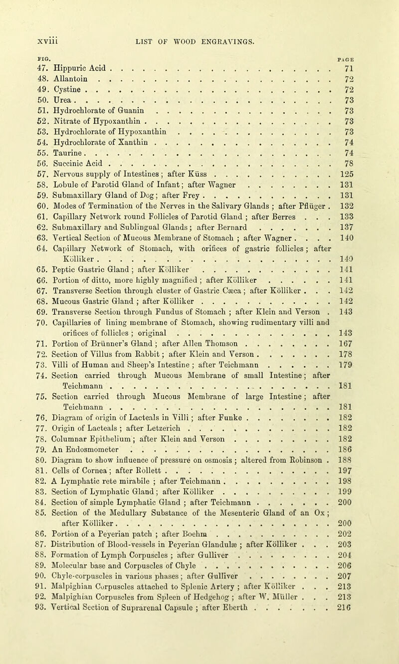 no. PAGE 47. Hippuric Acid 71 48. Allantoin 72 49. Cystine 72 50. Urea 73 51. Hydrochlorate of Guanin 73 52. Nitrate of Hypoxantliin 73 53. Hydrochlorate of Hypoxanthin 73 54. Hydrochlorate of Xanthin 74 55. Taurine 74 56. Succinic Acid 78 57. Nervous supply of Intestines ; after Kiiss 125 58. Lobule of Parotid Gland of Infant; after Wagner 131 59. Submaxillary Gland of Dog; after Frey 131 60. Modes of Termination of the Nerves in the Salivary Glands ; after Pfliiger . 132 61. Capillary Network round Follicles of Parotid Gland ; after Berres . . . 133 62. Submaxillary and Sublingual Glands; after Bernard 137 63. Vertical Section of Mucous Membrane of Stomach ; after Wagner . . . . 140 64. Capillary Network of Stomach, with orifices of gastric follicles; after Kblliker 140 65. Peptic Gastric Gland ; after Kblliker 141 66. Portion of ditto, more highly magnified ; after Kblliker 141 67. Transverse Section through cluster of Gastric Caeca ; after Kblliker . . . 142 68. Mucous Gastric Gland ; after Kblliker 142 69. Transverse Section through Fundus of Stomach ; after Klein and Verson . 143 70. Capillaries of lining membrane of Stomach, showing rudimentary villi and orifices of follicles ; original 143 71. Portion of Brunner’s Gland ; after Allen Thomson 167 72. Section of Villus from Babbit; after Klein and Verson 178 73. Villi of Human and Sheep’s Intestine ; after Teichmann 179 74. Section carried through Mucous Membrane of small Intestine; after Teichmann 181 75. Section carried through Mucous Membrane of large Intestine; after Teichmann 181 76. Diagram of origin of Lacteals in Villi; after Funke 182 77. Origin of Lacteals ; after Letzerich 182 78. Columnar Epithelium ; after Klein and Verson 182 79. An Endosmometer 186 80. Diagram to show influence of pressure on osmosis ; altered from Robinson . 188 81. Cells of Cornea; after Rollett 197 82. A Lymphatic rete mirabile ; after Teichmann 198 83. Section of Lymphatic Gland ; after Kblliker 199 84. Section of simple Lymphatic Gland ; after Teichmann 200 85. Section of the Medullary Substance of the Mesenteric Gland of an Ox; after Kblliker 200 86. Portion of a Peyerian patch ; after Boehm 202 87. Distribution of Blood-vessels in Peyerian Glandulse ; after Kblliker . . . 203 88. Formation of Lymph Corpuscles ; after Gulliver 204 89. Molecular base and Corpuscles of Chyle 206 90. Chyle-corpuscles in various phases; after Gulliver 207 91. Malpighian Corpuscles attached to Splenic Artery ; after Kblliker . . . 213 92. Malpighian Corpuscles from Spleen of Hedgehog ; after IV. Muller . . . 213 93. Vertical Section of Suprarenal Capsule ; after Eberth 216