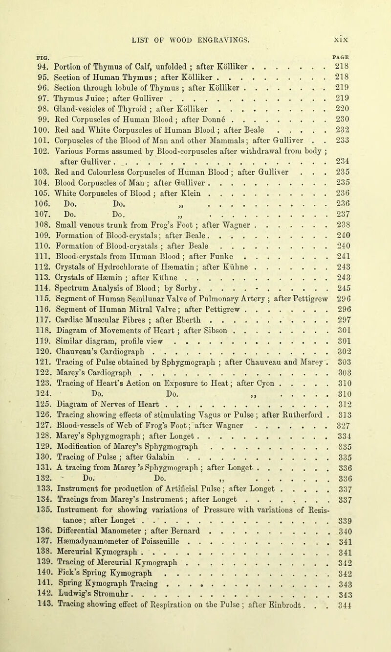 PIG. PAGE 94. Portion of Thymus of Calf, unfolded ; after Kdlliker 218 95. Section of Human Thymus ; after Kolliker 218 96. Section through lobule of Thymus ; after Kolliker 219 97. Thymus Juice; after Gulliver 219 98. Gland-vesicles of Thyroid ; after Kolliker 220 99. Red Corpuscles of Human Blood ; after Donne 230 100. Red and White Corpuscles of Human Blood ; after Beale 232 101. Corpuscles of the Blood of Man and other Mammals; after Gulliver . . 233 102. Various Forms assumed by Blood-corpuscles after withdrawal from body ; after Gulliver 234 103. Red and Colourless Corpuscles of Human Blood ; after Gulliver . . . 235 104. Blood Corpuscles of Man ; after Gulliver 235 105. White Corpuscles of Blood ; after Klein 236 106. Do. Do. „ 236 107. Do. Do. „ 237 108. Small venous trunk from Frog’s Foot ; after Wagner 238 109. Formation of Blood-crystals ; after Beale 240 110. Formation of Blood-crystals ; after Beale 240 111. Blood-crystals from Human Blood ; after Funke 241 112. Crystals of Hydrochlorate of Ifematin ; after Kiihne 243 113. Crystals of Hsemin ; after Kiihne 243 114. Spectrum Analysis of Blood; by Sorby - 245 115. Segment of Human Semilunar Valve of Pulmonary Artery ; after Pettigrew 296 116. Segment of Human Mitral Valve ; after Pettigrew 296 117. Cardiac Muscular Fibres ; after Eberth 297 118. Diagram of Movements of Heart ; after Sibson 301 119. Similar diagram, profile view 301 120. Chauveau’s Cardiograph 302 121. Tracing of Pulse obtained by Sphygmograph ; after Chauveau and Marey . 303 122. Marey’s Cardiograph 303 123. Tracing of Heart’s Action on Exposure to Heat; after Cyon 310 124. Do. Do. 310 125. Diagram of Nerves of Heart 312 126. Tracing showing effects of stimulating Vagus or Pulse ; after Rutherford . 313 127. Blood-vessels of Web of Frog’s Foot; after Wagner 327 128. Marey’s Sphygmograph ; after Longet 334 129. Modification of Marey’s Sphygmograph 335 130. Tracing of Pulse ; after Galabin 335 131. A tracing from Marey’s Sphygmograph ; after Longet 336 132. Do. Do. ,, 336 133. Instrument for production of Artificial Pulse ; after Longet 337 134. Tracings from Marey’s Instrument; after Longet 337 135. Instrument for showing variations of Pressure with variations of Resis- tance ; after Longet 339 136. Differential Manometer ; after Bernard 340 137. Hsemadynamometer of Poisseuille 341 138. Mercurial Kymograph 341 139. Tracing of Mercurial Kymograph 342 140. Fick’s Spring Kymograph 342 141. Spring Kymograph Tracing 343 142. Ludwig’s Stromuhr 343 143. Tracing showing effect of Respiration on the Pulse ; after Einbrodt. . . 344