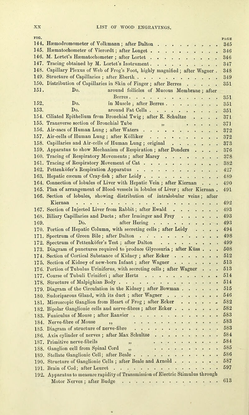 FIG- PAGE 144. Hsemodromometer of Volkmann ; after Dalton 345 145. Hsematochometer of Vierordt; after Longet 346 146. M. Lortet’s Hmmatochometer ; after Lortet 346 147. Tracing obtained by M. Lortet’s Instrument 347 148. Capillary Plexus of Web of Frog’s Foot, highly magnified ; after Wagner . 348 149. Structure of Capillaries ; after Eberth 349 150. Distribution of Capillaries in Skin of Finger ; after Berres 351 151. Do. around follicles of Mucous Membrane; after Berres 351 152. Do. in Muscle ; after Berres 351 158. Do. around Fat Cells 351 154. Ciliated Epithelium from Bronchial Twig ; after E. Schultze .... 371 155. Transverse section of Bronchial Tube „ 371 156. Air-sacs of Human Lung ; after Waters 372 157. Air-cells of Human Lung ; after Kolliker 372 158. Capillaries and Air-cells of Human Lung ; original 373 159. Apparatus to show Mechanism of Respiration ; after Donders .... 376 160. Tracing of Respiratory Movements ; after Marey 378 161. Tracing of Respiratory Movement of Cat 382 162. Pettenkofer’s Respiration Apparatus 427 163. Hepatic caecum of Cray-fish ; after Leidy 489 164. Connection of lobules of Liver with Hepatic Vein ; after Kiernan . . . 490 165. Plan of arrangement of Blood-vessels in lohules of Liver ; after Kiernan . 491 166. Section of lobules, showing distribution of intralobular veins; after Kiernan 492 167. Section of Injected Liver from Rabbit; after Ewald 493 168. Biliary Capillaries and Ducts ; after Irminger and Frey 493 169. Do. after Hering 493 170. Portion of Hepatic Column, with secreting cells ; after Leidy .... 494 171. Spectrum of Green Bile ; after Dalton 498 172. Spectrum of Pettenkofer’s Test ; after Dalton 499 173. Diagram of punctures required to produce Glycosuria ; after Kiiss . . . 508 174. Section of Cortical Substance of Kidney ; after Ecker 512 175. Section of Kidney of new-born Infant ; after Wagner 513 176. Portion of Tubulus Uriniferus, with secreting cells ; after Wagner . . . 513 177. Course of Tubuli Uriniferi ; after Hertz 514 178. Structure of Malpighian Body 514 179. Diagram of the Circulation in the Kidney; after Bowman 515 180. Sudoriparous Gland, with its duct ; after Wagner 546 181. Microscopic Ganglion from Heart of Frog ; after Ecker - 582 182. Bipolar Ganglionic cells and nerve-fibres ; after Ecker 582 183. Funiculus of Mouse ; after Ranvier 583 184. Nerve-fibre of Mouse ,, 583 185. Diagram of structure of nerve-fibre 583 186. Axis cylinder of nerves ; after Max Schultze 584 187. Primitive nerve-fibrils ,, 584 188. Ganglion cell from Spinal Cord „ 585 189. Stellate Ganglionic Cell; after Beale 586 190. Structure of Ganglionic Cells ; after Beale and Arnold 587 191. Brain of Cod; after Leuret 597 192. Apparatus to measure rapidity of Transmission of Electric Stimulus through Motor Nerves ; after Budge 613