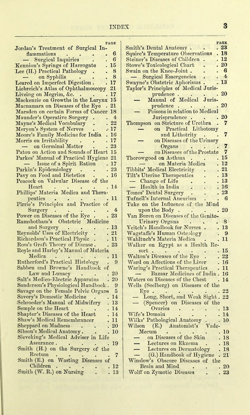 PAGE Jordan’s Treatment of Surgical In- flammations .... 6 — Surgical Inquiries . . 6 Kennion’s Springs of Harrogate . 15 Lee (H.) Practical Pathology . . 8 — on Syphilis . . .8 Leared on Imperfect Digestion . . 17 Liebreicli’s Atlas of Ophthalmoscopy 21 Liveing on Megrim, &c. . . .17 Mackenzie on Growths in the Larynx ] 5 Macnamara on Diseases of the Eye . 21 Marsden on certain Forms of Cancer 18 Maunder’s Operative Surgery . . 4 Mayne’s Medical Vocabulary . . 22 Mery on’s System of Nerves . .-17 Moore’s Family Medicine for India . 16 Morris on Irritability . . .17 — on Germinal Matter . . 23 Paton on Action and Sounds of Heart 15 Parkes’ Manual of Practical Hygiene 21 — Issue of a Spirit Ration . 17 Parkin’s Epidemiology . . .23 Pavy on Food and Dietetics . .16 Peacock on Valvular Disease of the Heart . . . . .14 Phillips’ Materia Medica and Thera- peutics . . . . .11 Pirrie’s Principles and Practice of Surgery . . . . .4 Power on Diseases of the Eye . . 23 Ramsbotham’s Obstetric Medicine and Surgery . . . .13 Reynolds’ Uses of Electricity . . 21 Richardson’s Practical Physic . . 11 Ross’s Graft Theory of Disease . . 23 Royle and Harley’s Manual of Materia Medica . . . . .11 Rutherford’s Practical Histology . 9 Sabben and Browne’s Handbook of Law and Lunacy . . .20 Salt’s Medico-Electric Apparatus . 20 Sanderson’s Physiological Handbook . 9 Savage on the Female Pelvic Organs 5 Savory’s Domestic Medicine . . 14 Schroeder’s Manual of Midwifery . 13 Semple on the Heart . . .14 Shapter’s Diseases of the Heart . 14 Shaw’s Medical Remembrancer . 11 Sheppard on Madness . . .20 Sihson’s Medical Anatomy. . .10 Sieveking’s Medical Adviser in Life Assurance . . . . .19 Smith (H.) on the Surgery of the Rectum 7 Smith (E.) on Wasting Diseases of Children 12 Smith (W. R.) on Nursing . . 13 PAGE Smith’s Dental Anatomy . . .23 Squire’s Temperature Observations . 18 Steiner’s Diseases of Children . . 12 Stowe’s Toxicological Chart . . 20 Swain on the Knee-Joint . . .6 — Surgical Emergencies . . 4 Swayne’s Obstetric Aphorisms . . 13 Taylor’s Principles of Medical Juris- prudence .... — Manual of Medical Juris- prudence .... — Poisons in relation to Medical Jurisprudence . Thompson on Stricture of Urethra . — on Practical Lithotomy and Lithotrity — on Diseases of the Urinary Organs — on Diseases of the Prostate Tliorowgood on Asthma . — on Materia Medica Tibbits’ Medical Electricity Tilt’s Uterine Therapeutics — Change of Life — Health in India Tomes’ Dental Surgery Tufnell’s Internal Aneurism Tuke on the Influence of the Mind upon the Body .... Van Buren on Diseases of the Genito- urinary Organs Veitch’s Handbook for Nurses . Wagstaffe’s Human Osteology Wahltuch’s Materia Medica Walker on Egypt as a Health Re- sort Walton’s Diseases of the Eye . Ward on Affections of the Liver Waring’s Practical Therapeutics — Bazaar Medicines of India . Waters on Diseases of the Chest Wells (Soelberg) on Diseases of the Eye — Long, Short, and Weak Sight. — (Spencer) on Diseases of the Ovaries .... Wife’s Domain .... Wilks’ Pathological Anatomy . Wilson (E.) Anatomist’s Vade- Mecum ..... — on Diseases of the Skin — Lectures on Ekzema — Lectures on Dermatology — (G.) Handbook of Hygiene . Winslow’s Obscure Diseases of the Brain and Mind Wolff on Zymotic Diseases 20 20 20 7 7 7 15 12 21 13 13 16 23 6 20 8 13 9 11 15 22 16 11 16 14 22 22 13 14 10 10 18 18 18 21 20 23