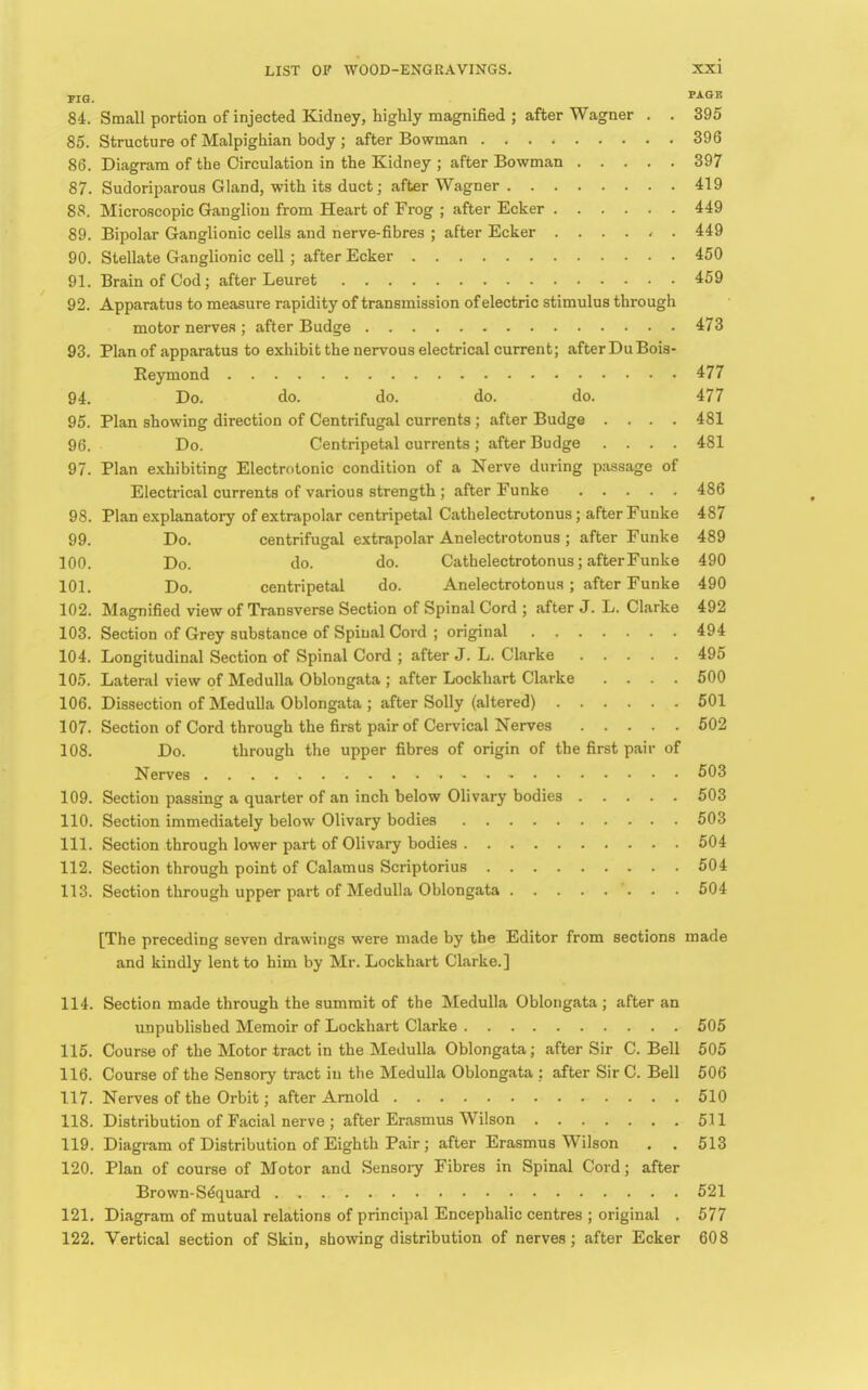 FIG. PAGE 84. Small portion of injected Kidney, highly magnified ; after Wagner . . 395 85. Structure of Malpighian body ; after Bowman 396 86. Diagram of the Circulation in the Kidney ; after Bowman 397 87. Sudoriparous Gland, with its duct; after Wagner 419 88. Microscopic Ganglion from Heart of Frog ; after Ecker 449 89. Bipolar Ganglionic cells and nerve-fibres ; after Ecker ...... 449 90. Stellate Ganglionic cell ; after Ecker 450 91. Brain of Cod; after Leuret 459 92. Apparatus to measure rapidity of transmission of electric stimulus through motor nerves ; after Budge 473 93. Plan of apparatus to exhibit the nervous electrical current; after DuBois- Reymond 477 94. Do. do. do. do. do. 477 95. Plan showing direction of Centrifugal currents ; after Budge .... 481 96. Do. Centripetal currents; after Budge .... 481 97. Plan exhibiting Electrotonic condition of a Nerve during passage of Electrical currents of various strength ; after Eunke 486 98. Plan explanatory of extrapolar centripetal Cathelectrotonus; after Funke 487 99. Do. centrifugal extrapolar Anelectrotonus ; after Funke 489 100. Do. do. do. Cathelectrotonus; after Funke 490 101. Do. centripetal do. Anelectrotonus ; after Funke 490 102. Magnified view of Transverse Section of Spinal Cord ; after J. L. Clarke 492 103. Section of Grey substance of Spinal Cord ; original 494 104. Longitudinal Section of Spinal Cord ; after J. L. Clarke 495 105. Lateral view of Medulla Oblongata ; after Lockhart Clarke .... 500 106. Dissection of Medulla Oblongata ; after Solly (altered) 501 107. Section of Cord through the first pair of Cervical Nerves 502 108. Do. through the upper fibres of origin of the first pair of Nerves 503 109. Section passing a quarter of an inch below Olivary bodies 503 110. Section immediately below Olivary bodies 503 111. Section through lower part of Olivary bodies 504 112. Section through point of Calamus Scriptorius 504 113. Section through upper part of Medulla Oblongata 504 [The preceding seven drawings were made by the Editor from sections made and kindly lent to him by Mr. Lockhart Clarke.] 114. Section made through the summit of the Medulla Oblongata ; after an unpublished Memoir of Lockhart Clarke 505 115. Course of the Motor tract in the Medulla Oblongata; after Sir C.Bell 505 116. Course of the Sensory tract in the Medulla Oblongata : after Sir C. Bell 506 117. Nerves of the Orbit; after Arnold 510 118. Distribution of Facial nerve ; after Erasmus Wilson 511 119. Diagram of Distribution of Eighth Pair ; after Erasmus Wilson . . 513 120. Plan of course of Motor and Sensory Fibres in Spinal Cord; after Brown-Se'quard 521 121. Diagram of mutual relations of principal Encephalic centres ; original . 577 122. Vertical section of Skin, showing distribution of nerves ; after Ecker 608