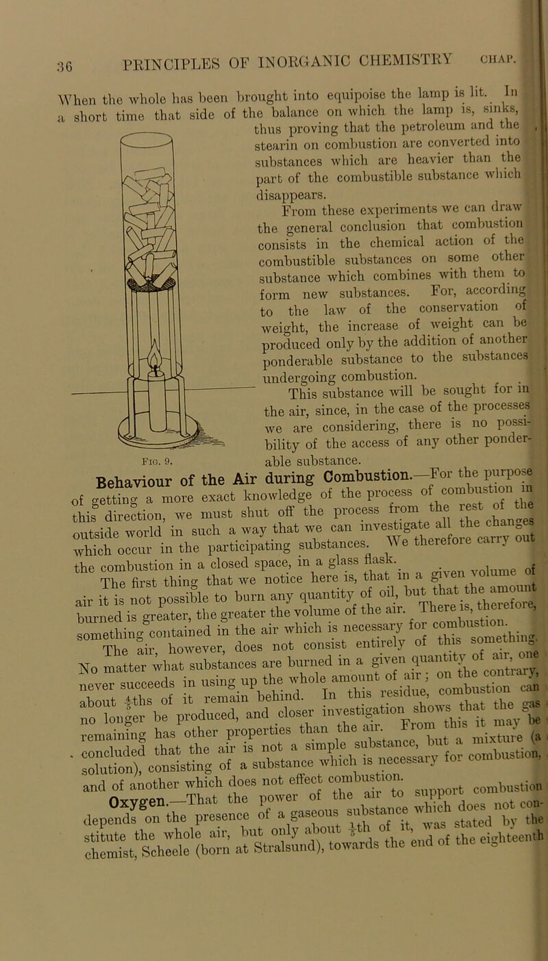 When the whole has been brought into equipoise the lamp is lit. In a short time that side of the balance on which the lamp is, sinks, thus proving that the petroleum and the stearin on combustion are converted into substances which are heavier than the part of the combustible substance which disappears. From these experiments we can draw the general conclusion that combustion consists in the chemical action of the combustible substances on some other substance which combines with them to form new substances. For, according to the law of the conservation of weight, the increase of weight can be produced only by the addition of another ponderable substance to the substances undergoing combustion. This substance will be sought for in the air, since, in the case of the processes, we are considering, there is no possi- bility of the access of any other ponder- riu.». able substance. Behaviour of the Air during Combustion.—For the purpose of getting a more exact knowledge of the process of combustion m this direction, we must shut off the process from the rest of the outside world in such a way that we can mvest.ga.te al the cha ^ which occur in the participating substances W e thereto the combustion in a closed space, in a glass flask. , ^ r The first thine that we notice here is, that in a given volume o air ilk nofpossible to burn any quantity of oil, hut that he amount burned is greater, the greater the volume of the air. T erei' ’I something contained in the air which is necessary for ““bust“ tU The air however, does not consist entirely of this sometn No matter what substances are burned in a given quantity^o aii , fi never succeeds in using up the ^ole amount of am 1 onthe cont, ary, about 4ths of it remain behind. In this iesm , - it ’.xuriia'i. .,-i,... —— and of another which does not effect combust ■ combustion Oxvffen.—That the power of the an to suppoio depends on the presence of a gaseous substance vjic i by the stitute the whole air, but only abou 5 \ , eighteenth chemist, Scheele (born at Stralsund), towards tlie end of the eiB Fig. 9.