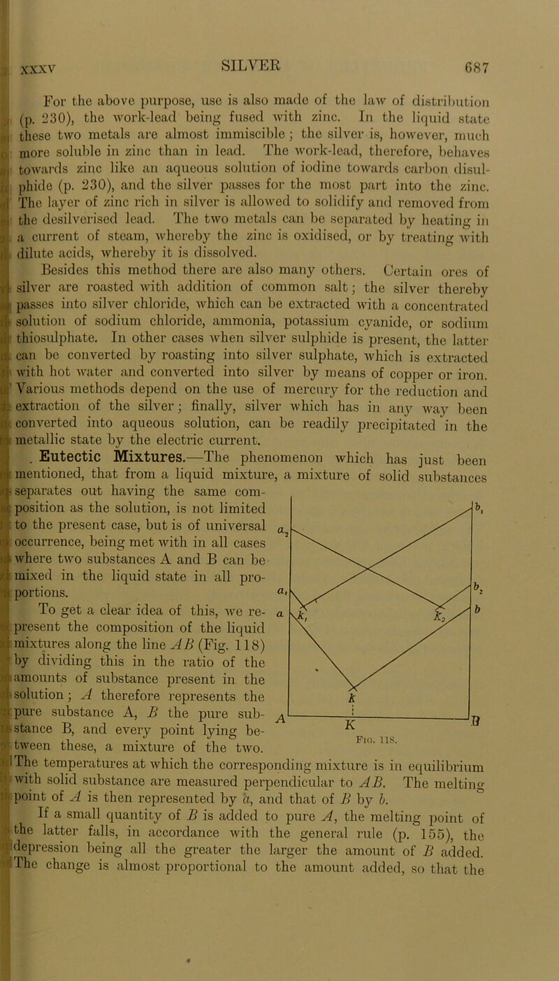 For the above purpose, use is also made of the law of distribution (p. 230), the work-lead being fused with zinc. In the liquid state these two metals are almost immiscible; the silver is, however, much more soluble in zinc than in lead. The work-lead, therefore, behaves towards zinc like an aqueous solution of iodine towards carbon disul- phide (p. 230), and the silver passes for the most part into the zinc. The layer of zinc rich in silver is allowed to solidify and removed from the desilverised lead. The two metals can be separated by heating in a current of steam, whereby the zinc is oxidised, or by treating with . dilute acids, whereby it is dissolved. Besides this method there are also many others. Certain ores of silver are roasted with addition of common salt; the silver thereby I passes into silver chloride, which can be extracted with a concentrated • solution of sodium chloride, ammonia, potassium cyanide, or sodium thiosulphate. In other cases when silver sulphide is present, the latter can be converted by roasting into silver sulphate, which is extracted with hot water and converted into silver by means of copper or iron. Various methods depend on the use of mercury for the reduction and extraction of the silver; finally, silver which has in any way been converted into aqueous solution, can be readily precipitated in the metallic state by the electric current. . Eutectic Mixtures.—The phenomenon which has just been mentioned, that from a liquid mixture, a mixture of solid substances ■ separates out having the same com- , position as the solution, is not limited to the present case, but is of universal occurrence, being met with in all cases where two substances A and B can be mixed in the liquid state in all pro- portions. To get a clear idea of this, we re- present the composition of the liquid mixtures along the line AB (Fig. 118) by dividing this in the ratio of the : amounts of substance present in the ■ solution; A therefore represents the pure substance A, B the pure sub- stance B, and every point lying be- tween these, a mixture of the two. I The temperatures at which the corresponding mixture is in equilibrium with solid substance are measured perpendicular to AB. The melting- point of A is then represented by a, and that of B by b. If a small quantity of B is added to pure A, the melting point of the latter falls, in accordance with the general rule (p. 155), the depression being all the greater the larger the amount of B added. »The change is almost proportional to the amount added, so that the