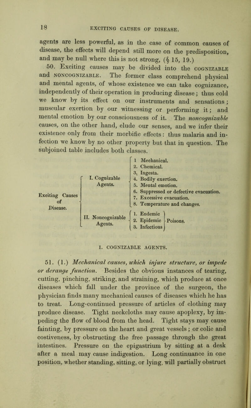 agents are less powerful, as in the case of common causes of disease, the effects will depend still more on the predisposition, and may be null where this is not strong, (§ 15, 19.) 50. Exciting causes may be divided into the cognizable and noncognizable. The former class comprehend physical and mental agents, of whose existence we can take cognizance, independently of their operation in producing disease; thus cold we know by its effect on our instruments and sensations; muscular exertion by our witnessing or performing it; and mental emotion by our consciousness of it. The noncognizable causes, on the other hand, elude our senses, and we infer their existence only from their morbific effects : thus malaria and in- fection we know by no other property but that in question. The subjoined table includes both classes. I. Cognizable Agents. Exciting Causes of Disease. II. Noncognizable Agents. 1 Mechanical. 2. Chemical. 3. Ingesta. 4. Bodily exertion. 5. Mental emotion. 6. Suppressed or defective evacuation. 7. Excessive evacuation. 8. Temperature and changes. {1. Endemic 2. Epidemic 3. Infectious Poisons. I. COGNIZABLE AGENTS. 51. (1.) Mechanical causes, which injure structure, or impede or derange function. Besides the obvious instances of tearing, cutting, pinching, striking, and straining, which produce at once diseases which fall under the province of the surgeon, the physician finds many mechanical causes of diseases which he has to treat. Long-continued pressure of articles of clothing may produce disease. Tight neckcloths may cause apoplexy, by im- peding the flow of blood from the head. Tight stays may cause fainting, by pressure on the heart and great vessels; or colic and costiveness, by obstructing the free passage through the great intestines. Pressure on the epigastrium by sitting at a desk after a meal may cause indigestion. Long continuance in one position, whether standing, sitting, or lying, will partially obstruct