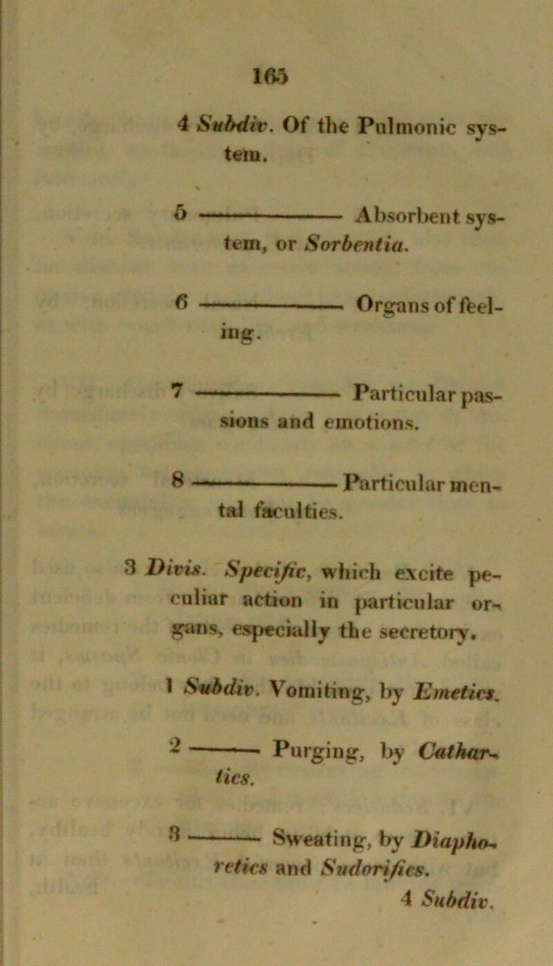 4 Subdiv. Of the Pulmonic svs- ^ •/ tern. 5 Absorl)ent sys- tem, or Sorbentia. 6 Organs of lad- ing. 7 —— Particular pas- sions and emotions. 8 ■■ Particular men- tal fac'ulties. 3 Divhi. Specific^ which excite pe- culiar action in particular or-* ?^ns, especmlly the secretory, 1 Subdiv, Vomiting, by Emetics, ——- Purging, by Cuthar-* tics. Sweating, by Diapha^ reties and Stidorifies.
