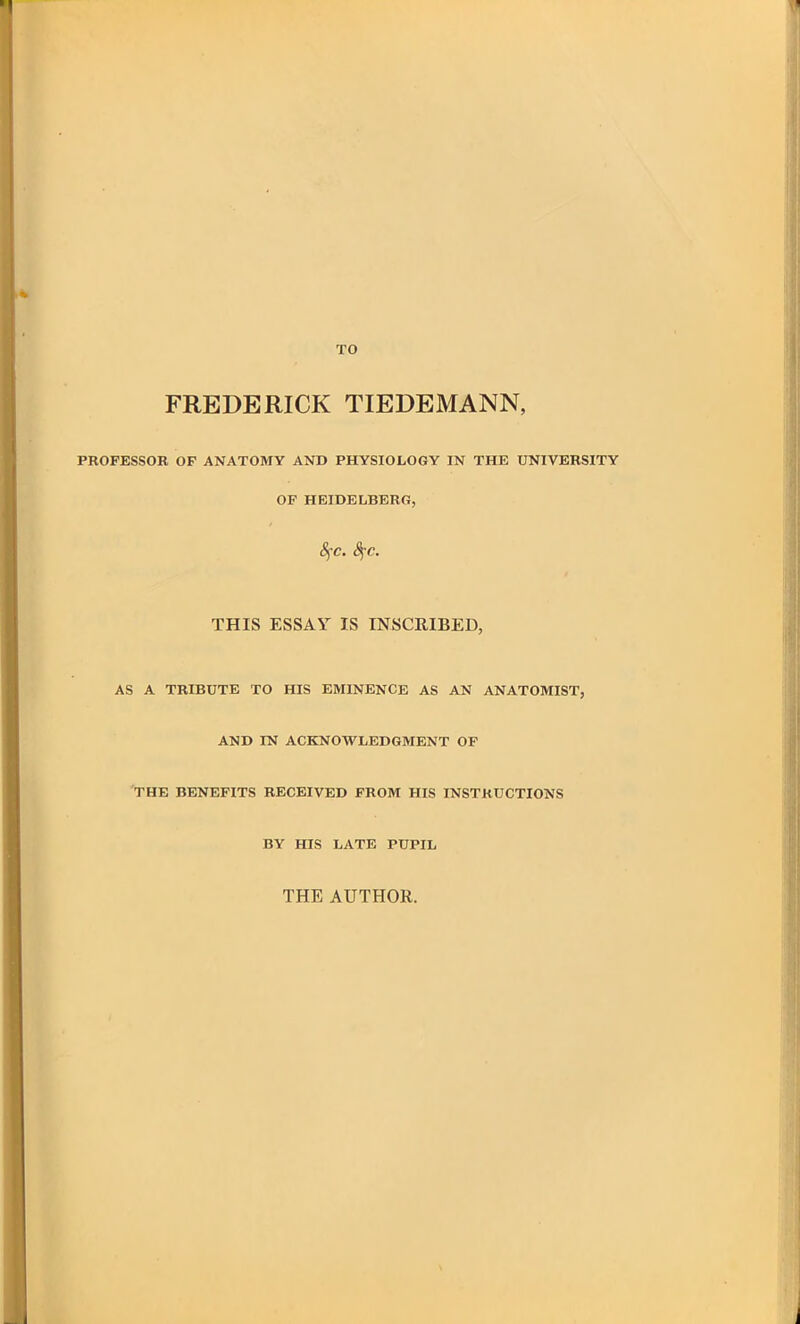 TO FREDERICK TIEDEMANN, PROFESSOR OF ANATOMY AND PHYSIOLOGY IN THE UNIVERSITY OF HEIDELBERG, 8fc. S^c. THIS ESSAY IS INSCRIBED, AS A TRIBUTE TO HIS EMINENCE AS AN ANATOMIST, AND IN ACKNOWLEDGMENT OP THE BENEFITS RECEIVED FROM HIS INSTRUCTIONS BY HIS LATE PUPIL THE AUTHOR,