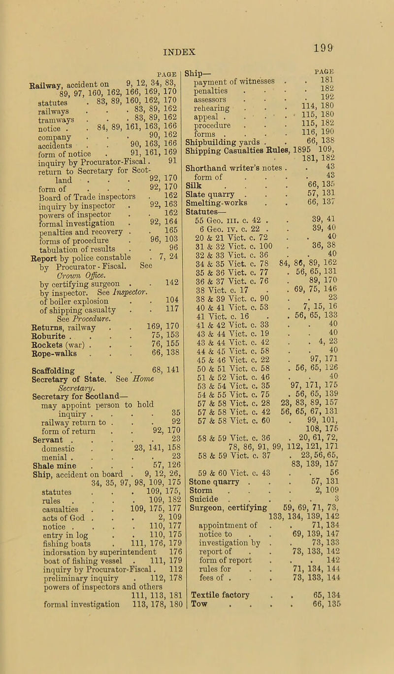 PAGE Railway, accident on 9, 12, 34, 83, 89, 97, 160, 162, 166, 169, 170 84, 89, statutes railways tramways notice . company accidents form of notice _ , inquiry by Procurator-Fiscal. return to Secretary for Scot- 83, 89, 160, 162, 170 , 83, 89, 162 . 83, 89, 162 161, 163, 166 90, 162 90, 163, 166 91, 161, 169 91 92, 170 92, 170 . 162 92, 163 . 162 92, 164 . 165 96, 103 96 7, 24 land form of . • • Board of Trade inspectors inquiry by inspector powers of inspector formal investigation penalties and recovery . forms of procedure tabulation of results Report by police constable by Procurator - Fiscal. See Crown Office. by certifying surgeon . by inspector. See iTispector. of boiler explosion of shipping casualty See Procedwe. Returns, railway . . 169, 170 Roburite . . . . 75, 153 Rockets (war) . . • 76, 155 Rope-walks ... 66, 138 Scaffolding . . . 68, 141 Secretary of State. See Home Secretary. Secretary for Scotland— may appoint person to hold 142 104 117 inquiry . railway return to form of return Servant . domestic menial . Shale mine Ship, accident on board 34, 35, 97, statutes rules casualties acts of God notice . entry in log fishing boats 35 92 92, 170 23 23, 141, 158 23 57, 126 9, 12, 26, 98, 109, 175 109, 175, 109, 182 109, 175, 177 2, 109 no, 177 no, 175 111, 176, 179 PAGE . 181 . 182 . 192 114, 180 115, 180 115, 182 116, 190 66, 138 Ship— payment of witnesses penalties assessors rehearing appeal . procedure forms . Shipbuilding yards Shipping Casualties Rules, 1895 109, 181, 182 Shorthand writer’s notes . . 43 form of .... 43 Silk .... 66, 135 Slate quarry . . . 57, 131 Smelting-works . . 66, 137 Statutes— 55 Geo. III. c. 42 . 6 Geo. IV. c. 22 . 20 & 21 Viet. c. 72 31 & 32 Viet. c. 100 32 & 33 Viet. c. 36 34 & 35 Viet. c. 78 35 & 36 Viet. c. 77 76 indorsation by superintendent 176 boat of fishing vessel . Ill, 179 inquiry by Procurator-Fiscal. 112 preliminary inquiry . 112, 178 powers of inspectors and others 111, 113, 181 formal investigation 113,178, 180 90 39, 41 39, 40 40 36, 38 40 84, 86, 89, 162 56, 65, 131 89, 170 69, 75, 146 23 7, 15, 16 56, 65, 133 40 40 . 4, 23 40 97, 171 56, 65, 126 40 97, 171, 175 . 56, 65, 139 23, 83, 89, 157 56, 65, 67, 131 99, 101, 108, 175 58 & 59 Viet. c. 36 . 20, 61, 72, 78, 86, 91, 99, 112, 121, 171 58 & 59 Viet. c. 37 . 23,56,65, 36 & 37 Viet. c. 38 Viet. c. 17 38 & 39 Viet. c. 40 & 41 Viet. c. 53 41 Viet. c. 16 41 & 42 Viet. c. 33 43 & 44 Viet. c. 19 43 & 44 Viet. c. 42 44 & 45 Viet. c. 58 45 & 46 Viet. c. 22 50 & 51 Viet. c. 58 51 & 52 Viet. c. 46 53 & 54 Viet. c. 35 54 & 55 Viet. c. 75 67 & 58 Viet. c. 28 57 & 58 Viet. c. 42 57 & 58 Viet. c. 60 59 & 60 Viet. c. 43 Stone quarry . Storm Suicide . Surgeon, certifying appointment of notice to investigation by report of form of report rules for fees of . Textile factory Tow 83, 139, 157 56 57, 131 2, 109 3 59, 69, 71, 73, 133, 134, 139, 142 71,134 69, 139, 147 73.133 73, 133, 142 . 142 71, 134, 144 73, 133, 144 66.134 66, 135