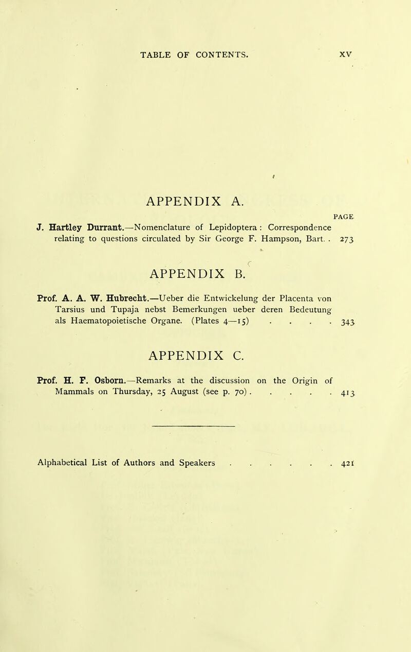 I APPENDIX A. PAGE J. Hartley Durrant.—Nomenclature of Lepidoptera : Correspondence relating to questions circulated by Sir George F. Hampson, Bart. . 273 APPENDIX b/ Prof. A. A. W, Hubrecht.—Ueber die Entwickelung der Placenta von Tarsius und Tupaja nebst Bemerkungen ueber deren Bedeutung als Haematopoietische Organe. (Plates 4—15) .... 345 APPENDIX C. Prof. H. F. Osborn.—Remarks at the discussion on the Origin of Mammals on Thursday, 25 August (see p. 70) 413 Alphabetical List of Authors and Speakers 421