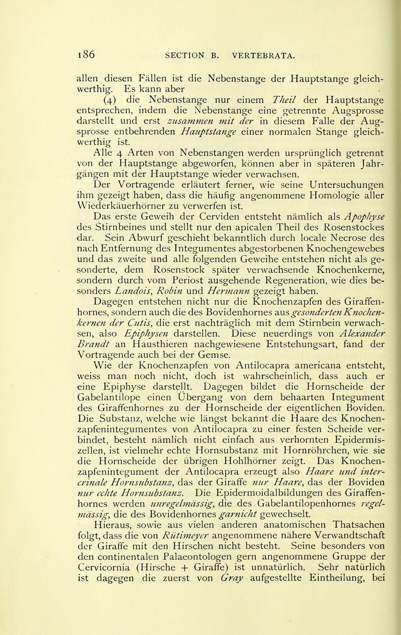 alien diesen Fallen ist die Nebenstange der Hauptstange gleich- werthig. Es kann aber (4) die Nebenstange nur einem Theil der Hauptstange entsprechen, indem die Nebenstange eine getrennte Augsprosse darstellt und erst ziisammen mit der in diesem Falle der Aug- sprosse entbehrenden Hauptstange einer normalen Stange gleich- werthig ist. Alle 4 Arten von Nebenstangen werden urspriinglich getrennt von der Hauptstange abgeworfen, konnen aber in spateren Jahr- gangen mit der Hauptstange wieder verwachsen. Der Vortragende erlautert ferner, wie seine Untersuchungen ihm gezeigt haben, dass die haufig angenommene Homologie aller Wiederkauerhorner zu verwerfen ist. Das erste Geweih der Cerviden entsteht namlich als Apopliyse des Stirnbeines und stellt nur den apicalen Theil des Rosenstockes dar. Sein Abwurf geschieht bekanntlich durch locale Necrose des nach Entfernung des Integumentes abgestorbenen Knochengewebes und das zweite und alle folgenden Geweihe entstehen nicht als ge- sonderte, dem Rosenstock spater verwachsende Knochenkerne, sondern durch vom Periost ausgehende Regeneration, wie dies be- sonders Landois, Robin und Hermann gezeigt haben. Dagegen entstehen nicht nur die Knochenzapfen des Giraffen- hornes, sondern auch die des Bovidenhornes ^.nsgesondertenKnochen- kernen der Cutis, die erst nachtraglich mit dem Stirnbein verwach- sen, also Epiphysen darstellen. Diese neuerdings von Alexander Brandt an Hausthieren nachgewiesene Entstehungsart, fand der Vortragende auch bei der Gemse. Wie der Knochenzapfen von Antilocapra americana entsteht, weiss man noch nicht, doch ist wahrscheinlich, dass auch er eine Epiphyse darstellt. Dagegen bildet die Hornscheide der Gabelantilope einen Ubergang von dem behaarten Integument des Giraffenhornes zu der Hornscheide der eigentlichen Boviden. Die Substanz, welche wie langst bekannt die Haare des Knochen- zapfenintegumentes von Antilocapra zu einer festen Scheide ver- bindet, besteht namlich nicht einfach aus verhornten Epidermis- zellen, ist vielmehr echte Hornsubstanz mit Hornrohrchen, wie sie die Hornscheide der iibrigen Hohlhorner zeigt. Das Knochen- zapfenintegument der Antilocapra erzeugt also Haare und inter- crinale Hornsubstanz, das der Giraffe nur Haare, das der Boviden nur echte Hornsubstanz. Die Epidermoidalbildungen des Giraffen- hornes werden unregelmdssig, die des Gabelantilopenhornes regel- mdssig, die des Bovidenhornes garnicJit gewechselt. Hieraus, sowie aus vielen anderen anatomischen Thatsachen folgt, dass die von Riitimeyer angenommene nahere Verwandtschaft der Giraffe mit den Hirschen nicht besteht. Seine besonders von den continentalen Palaeontologen gern angenommene Gruppe der Cervicornia (Hirsche + Giraffe) ist unnatiirlich. Sehr natiirlich ist dagegen die zuerst von Gray aufgestellte Eintheilung, bei