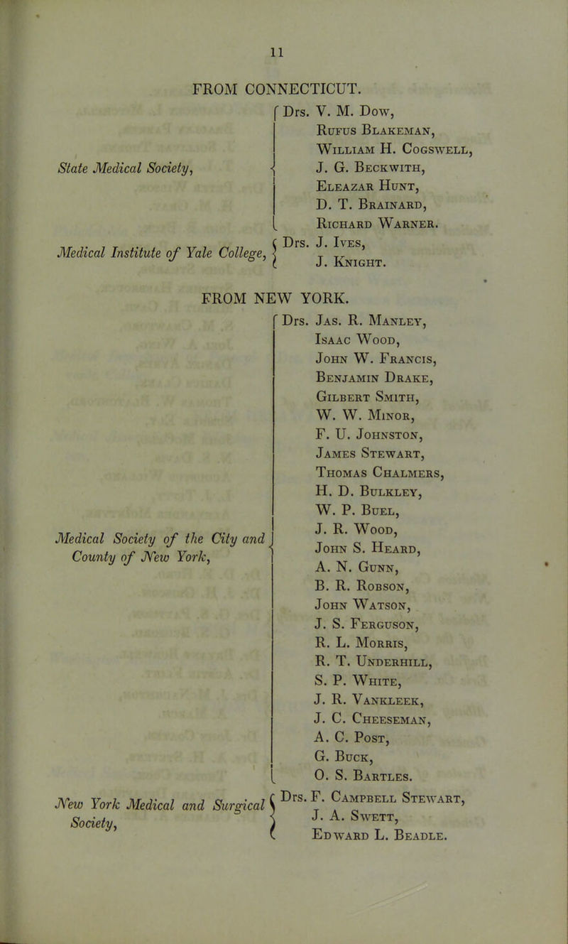 FROM CONNECTICUT. f Drs. V. M. Dow, RuFus Blakeman, state Medical Society^ Medical Institute of Yale College, William H. Cogswell, J. G. Beckwith, Eleazar Hunt, D. T. Brainard, Richard Warner. Drs. J. Ives, J. Knight. FROM NEW YORK. Drs. Jas. R. Manley, Isaac Wood, John W. Francis, Benjamin Drake, Gilbert Smith, W. W. Minor, F. U. Johnston, James Stewart, Thomas Chalmers, H. D. Bulkley, W. P. BUEL, J. R. Wood, John S. Heard, A. N. GuNN, B. R. RoBsoN, John Watson, J. S. Ferguson, R. L. Morris, R. T. Underhill, S. P. White, J. R. Vankleek, J. C. Cheeseman, A. C. Post, G. Buck, 0. S. Bartles. A^ew York Medical and Surgical S I' ^^^^^^^^ Stewart, Society, ) J- \ Edward L. Beadle. Medical Society of the City and ^ County of Jfew York,