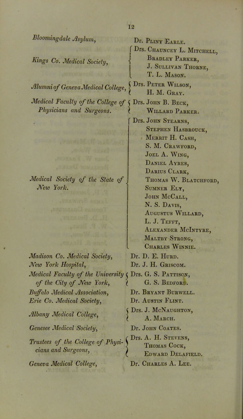 Bloomingdale Asylum, Kings Co. Medical Society, 12 Dr. Pliny Earle. [ Drs. Chauncey L. Mitchell, ^ Bradley Parker, J. Sullivan Thorne, T. L. Mason. AlumniofGenevaMedical College, \ ^^''^^ Wilson, ' ^ H. M. Gray. Medical Faculty of the College of C Drs. John B. Beck, Physicians and Surgeons. Medical Society of the State of JVew York. Madison Co. Medical Society, JYew York Hospital, Medical Faculty of the University of the City of JYew York, Buffalo Medical Association, Erie Co. Medical Society, Mhany Medical College, Genesee Medical Society, Trustees of the College of Physi- cians and Surgeons, Geneva Medical College, Willard Parker. ' Drs. John Stearns, Stephen Hasbrouck, Merrit H. Cash, S. M. Crawford, Joel A. Wing, Daniel Ayres, Darius Clark, Thomas W. Blatchford, Sumner Ely, John McCall, N. S. Davis, Augustus Willard, L. J. Tefft, Alexander McIntyre, Maltby Strong, Charles Winnie. Dr. D. E. Kurd. Dr. J. H. Griscom. Drs. G. S. Pattisoist, G. S. Bedforb. Dr. Bryant Burwell. Dr. Austin Flint. Drs. J. McNaughton, A. March. Dr. John Coates. Drs. A. H. Stevens, Thomas Cock, Edward Delafield. Dr. Charles A. Lee.