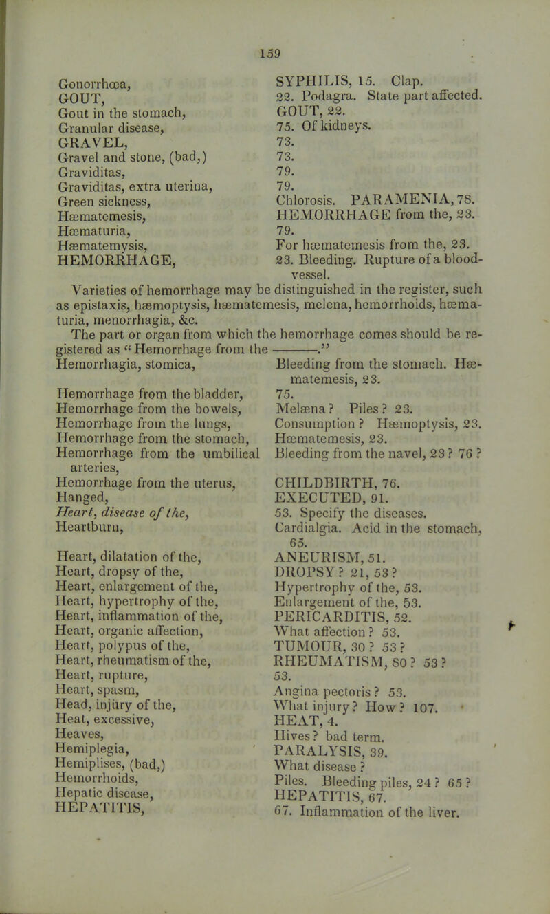 Gonorrhcea, GOUT, Gout in the stomach, Granular disease, GRAVEL, Gravel and stone, (bad,) Graviditas, Graviditas, extra uterina, Green sickness, Hsematemesis, H£Ematuria, Hasmatemysis, HEMORRHAGE, SYPHILIS, 15. Clap. 22. Podagra. State part affected. GOUT, 22. 75. Of kidneys. 73. 73. 79. 79. Chlorosis. PARAMENIA, 78. HEMORRHAGE from the, 23. 79. For hsematemesis from the, 23. 23. Bleeding. Rupture of a blood- vessel. Varieties of hemorrhage may be distinguished in the register, such as epistaxis, hasmoptysis, hsematemesis, melena, hemorrhoids, hosma- turia, menorrhagia, &c. The part or organ from which the hemorrhage comes should be re- gistered as  Hemorrhage from the Hemorrhagia, stomica, Hemorrhage from the bladder. Hemorrhage from the bowels, Hemorrhage from the lungs, Hemorrhage from the stomach. Hemorrhage from the umbilical arteries. Hemorrhage from the uterus, Hanged, Heart, disease of the^ Heartburn, Heart, dilatation of the. Heart, dropsy of the. Heart, enlargement of the. Heart, hypertrophy of the. Heart, inflammation of the, Heart, organic affection, Heart, polypus of the. Heart, rheumatism of the, Heart, rupture. Heart, spasm. Head, injiiry of the. Heat, excessive, Heaves, Hemiplegia, Hemiplises, (bad,) Hemorrhoids, Hepatic disease, HEPATITIS, Bleeding from the stomach. Ha3- matemesis, 23. 75. Melsena? Piles? 23. Consumption ? Haemoptysis, 23. Heematemesis, 23. Bleeding from the navel, 23 ? 76 ? CHILDBIRTH, 76. EXECUTED, 91. 53. Specify the diseases. Cardialgia. Acid in the stomach, 65. ANEURISM, 51. DROPSY? 21, 53? Hypertrophy of the, 53. Enlargement of the, 53. PERICARDITIS, 52. What affection ? 53. TUMOUR, 30? 53? RHEUMATISM, 80 ? 53 ? 53. Angina pectoris ? 53. What injury? How? 107. HEAT, 4. Hives? bad term. PARALYSIS, 39. What disease ? Piles. Bleeding piles, 24 ? 65 ? HEPATITIS, 67. 67. Inflammation of the liver.