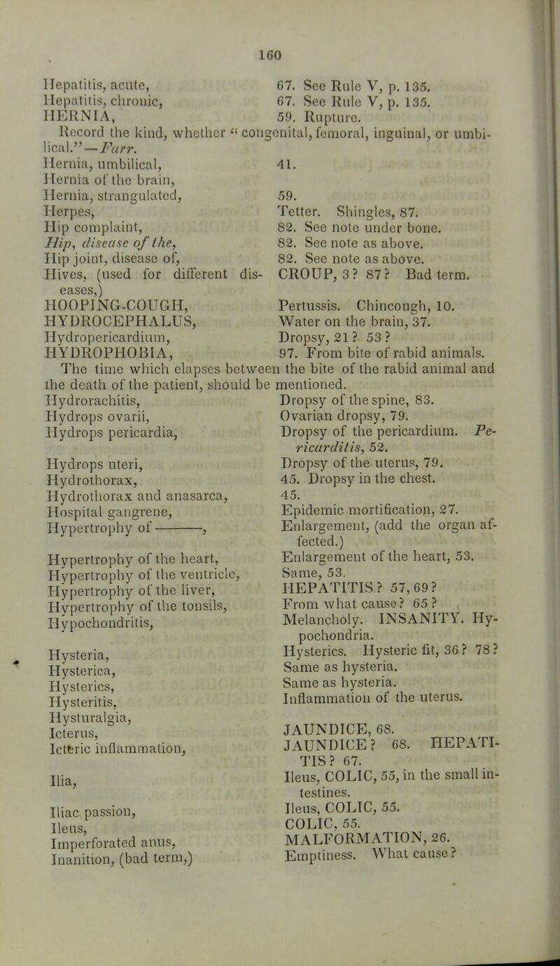 Hepatitis, acute, 67. See Rule V, p. 135. Hepatitis, chronic, 67. See Rule V, p. 135. HERNIA, 59. Rupture. Record the kind, whether  congenital, femoral, inguinal, or umbi- lical.—Farr. Hernia, umbilical, Hernia of the brain, Hernia, strangulated, Herpes, Hip complaint, Hip, disease of the, Hip joint, disease of, Hives, (used for different eases,) HOOPING-COUGH, HYDROCEPHALUS, Hydropericardium, HYDROPHOBIA, dis- 41. 59. Tetter. Shingles, 87. 82. See note under bone. 82. See note as above. 82. See note as above. CROUP, 3? 87? Bad term. Pertussis. Chincough, 10. Water on the brain, 37. Dropsy, 21 ? 53 ? 97. From bite of rabid animals. The time which elapses between the bite of tlie rabid animal and the death of the patient, should be mentioned. Hydrorachitis, Hydrops ovarii, Hydrops pericardia, Hydrops uteri, Hydrothorax, Hydrothorax and anasarca, Hospital gangrene. Hypertrophy of , Hypertrophy of the heart, Hypertrophy of the ventricle, Hypertrophy of the liver, Hypertrophy of the tonsils, Hypochondritis, Hysteria, Hysterica, Hysterics, Hysteritis, Hysturalgia, Icterus, Ictferic inflammation, Ilia, Iliac passion, Ileus, Imperforated anus, Inanition, (bad term,) Dropsy of the spine, 83. Ovarian dropsy, 79. Dropsy of the pericardium. Pe- ricarditis, 52. Dropsy of the uterus, 79. 45. Dropsy in the chest. 45. Epidemic mortification, 27. Enlargement, (add the organ af- fected.) Enlargement of the heart, 53. Same, 53. HEPATITIS? 57,69? From what cause? 65 ? Melancholy. INSANITY. Hy- pochondria. Hysterics. Hysteric fit, 36 ? 78 ? Same as hysteria. Same as hysteria. Inflammation of the uterus. JAUNDICE, 68. JAUNDICE? 68. HEPATI- TIS? 67. Ileus, COLIC, 55, in the small in- testines. Ileus, COLIC, 55. COLIC, 55. MALFORMATION, 26. Emptiness. What cause ?