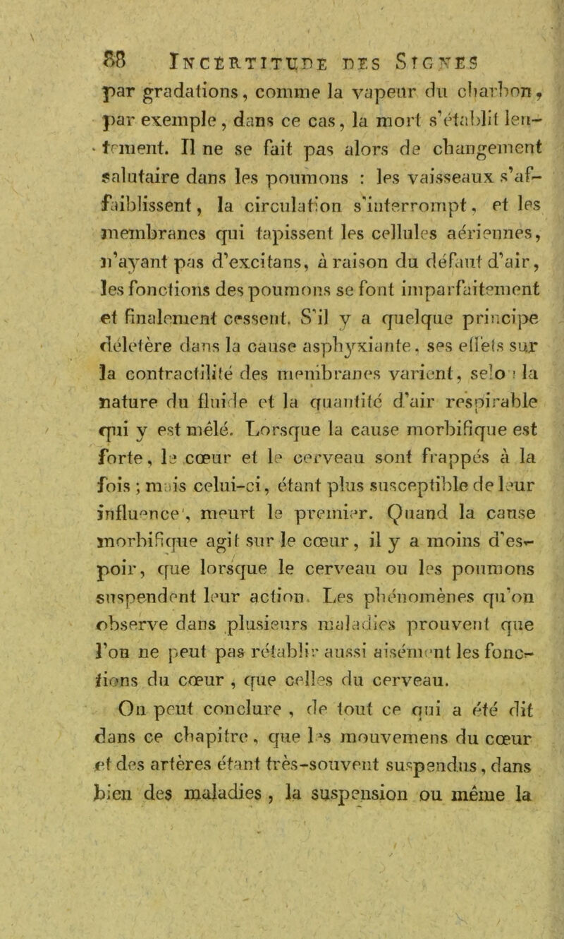 Incîrtitiidi: dis Stg>:e5 par gradations, comme la vapeur du cimrimn, par exemple, dans ce cas, la mort s’établit len- • tement. II ne se fait pas alors de changement salutaire dans les poumons : les vaisseaux s’af- fai}3lissenf, la circulation s'interrompt, et les membranes qui tapissent les cellules aériennes, n’ayant pas d’excitans, à raison du défaut d’air, les fonctions des poumons se font imparfaitement et finalement cessent. S’il y a quelque principe délétère dans la cause aspli3'^xiante. ses ed'ets sur la contractilité des membranes varient, selo ! la nature du fluide et la quantité d’air respirable qui y est mêlé. Lorsque la cause morbifique est forte, le cœur et le cerveau sont frappés à la fois ; mais celui-ci, étant plus suscepti])le de leur influence', meurt le premier. Quand la canse morbifique agit sur le cœur, il y a moins d’esr- poir, que lorsque le cerveau ou les poumons suspendent leur action. Les phénomènes qu’on observe dans plusieurs maladiCcS prouvent que l’on ne peut pas rétablir aussi aisément les fonc^ dons du cœur , que celles du cerveau. On peut conclure , de tout ce qui a été dit dans ce chapitre, que l^s mouvemens du cœur et des artères étant très-souvent suspendus, dans bien des maladies , la suspension ou même la