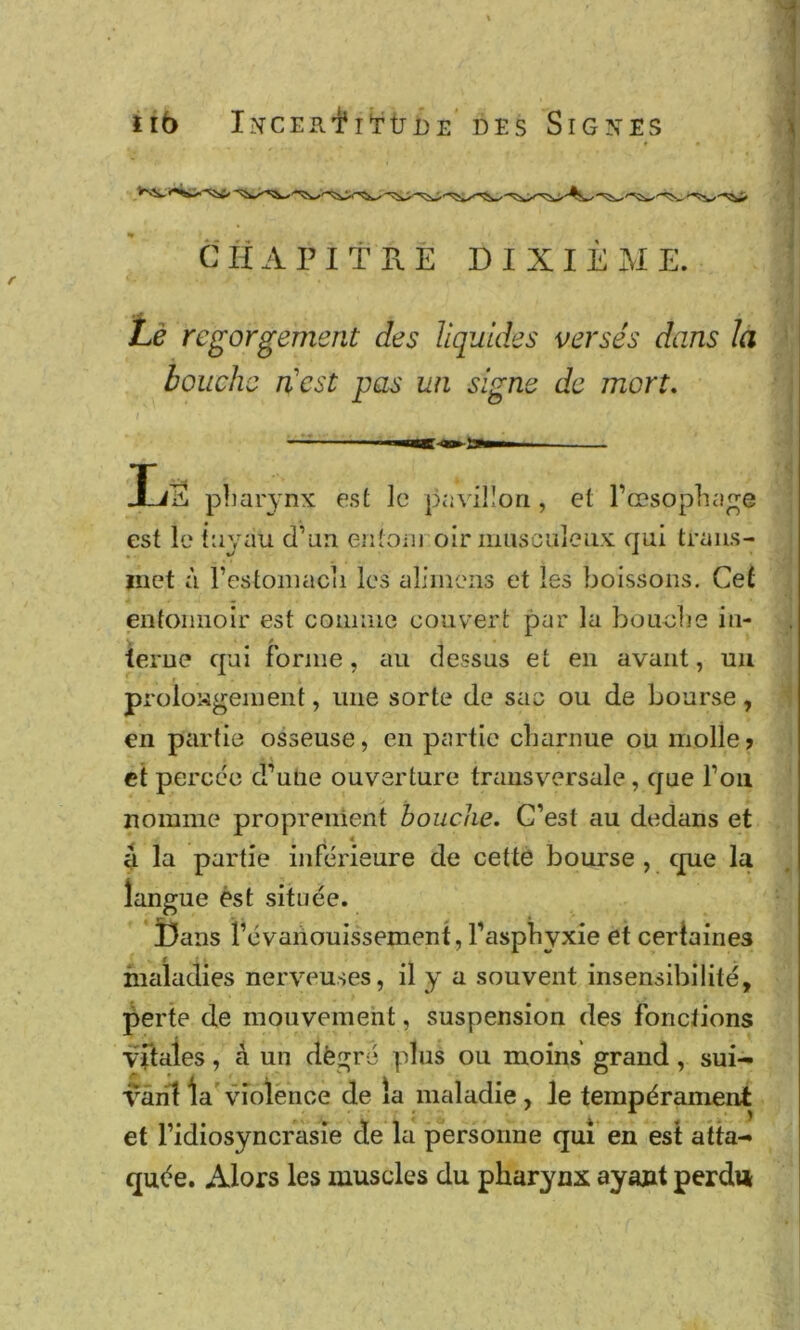 Ïl6 iNCEnfîïtJDE DES SiGXES CHAPITE.E DIXIÈME. lié regorgement des liquides versés dans la bouche n'est pas un signe de mort. ÏÆ pliarynx est le pavillon , et l’œsoplia^e est le tuyau d’un entoiiroir iiiusciiieux qui trans- met à rcstoiîiacii les alimens et les boissons. Cet entonnoir est coniiiie couvert par la bouclie in- terne qui fornie, au dessus et en avant, uii prolongement, une sorte de sac ou de bourse, en partie osseuse, en partie cluirnue ou molle? et percée d’ulie ouverture transversale, que Ton nomme proprement bouche. C’est au dedans et U la partie inférieure de cettè bourse , que la langue èst située. Dans révariouissement, l’aspbyxie et certaines maladies nerveuses, il y a souvent insensibilité, perte de mouvement, suspension des fonctions Vitales, à un dègré plus ou moins grand, sui- râni la Auolence de la maladie, le tempérament et Fidiosyncrasie de la personne qui en est atta- quée. Alors les muscles du pharynx ayant perdu