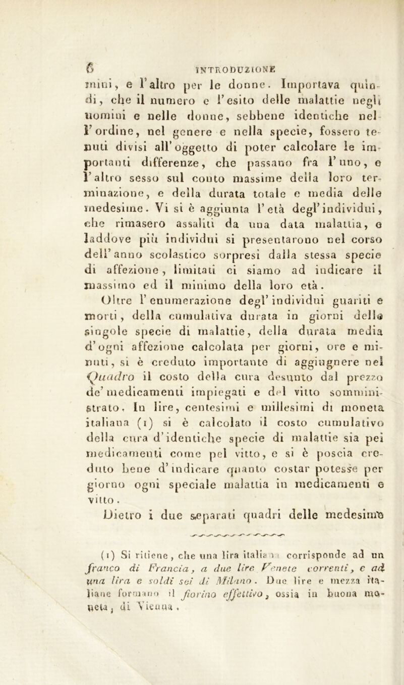 mini, e l’altro per le donne. Importava quin- di, che il numero e l’esito delle malattie negli uomini e nelle donne, sebbene identiche nel l ordine, nel genere e nella specie, fossero te- nuti divisi all’oggetto di poter calcolare le im- portanti differenze, che passano fra l’uno, e l’altro sesso sul conto massime delia loro ter- minazione, e della durata totale e media delle medesime. Vi si è aggiunta l’età degl’individui, che rimasero assaliti da una data malattia, e laddove piu individui si presentarono nel corso dell’ anno scolastico sorpresi dalla stessa specie di affezione, limitati ci siamo ad indicare il massimo ed il minimo della loro età. Oltre l’enumerazione degl’individui guariti e morti , della cumulativa durata in giorni della singole specie di malattie, della durata media d’ogni affezione calcolata per giorni, ore e mi- nuti, si è credulo importante di aggiugnere nel Quadro il costo della cura desunto dal prezzo de’medicamenti impiegati e del vitto sommini- strato, In lire, centesimi e millesimi di moneta italiana (i) si è calcolato d costo cumulativo della cura d’identiche specie di malattie sia pei medicamenti come pel vitto, e si è poscia cre- duto bene d’indicare quanto costar potesse per giorno ogni speciale malattia in medicamenti e vitto . Dietro I due separati quadri delle medesimi (i) Si ritiene, che una lira italia ì corrisponde ad un franco di Francia, a due lice tenete correnti, e ad- una lira e soldi sei dì Milano. Due lire e mezza ita- liane formano il forino effettivo, ossia in buona mo- neta } di Vienna,