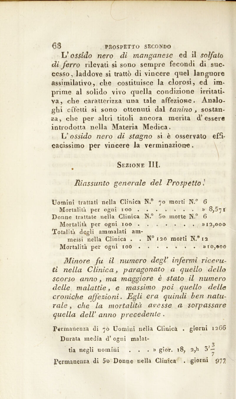 1/ ossido nero di manganese ed il solfalo di ferro rilevati si sono sempre fecondi di suc- cesso, laddove si trattò di vincere quel languore assimilativo, che costituisce la clorosi, ed im- prime al solido vivo quella condizione irritati- va, che caratterizza una tale affezione. Analo- ghi effetti si sono ottenuti dal tanino , sostan- za, che per altri titoli ancora merita d’essere introdotta nella Materia Medica. L’ossido nero di stagno si è osservato effi- cacissimo per vincere la verminazione. Sezione III. Riassunto generale del Prospetto ! Uomini trattati nella Clinica N.° 70 morti N.° 6 Mortalità per ogni 100 ...... » 8,5*] 1 Donne trattate nella Clinica N.° 5o morte N.° 6 Mortalità per ogni 100 » 12,000 Totalità degli ammalati am- messi nella Clinica . . N°i2o morti N.ia Mortalità per ogni 100 » 10,000 Minore fu il numero degl* infermi ricevu- ti nella Clinica, paragonato a quello dello scorso anno, ma maggiore è stato il numero delle malattie, e massimo poi quello delle croniche affezioni. Egli era quindi ben natu- rale , che la mortalità avesse a sorpassare quella dell’ anno precedente . Permanenza di 70 Uomini nella Clinica . giorni 1 266 Durata media d’ ogni malat- tia negli uomini ...» gior. i8; 2,h 5 ~ Permanenza di 5© Donne nella Clinica . giorni 977