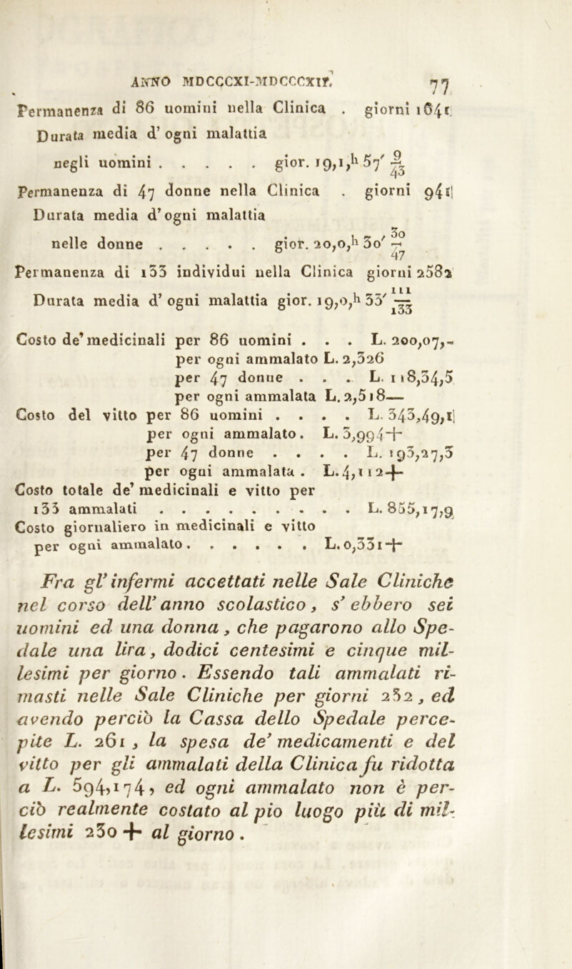 Armo MDCCcxt-MDcccxir, n* . 111 Permanenza di 86 uomini nella Clinica . giorni i6ir Durata media d’ ogni malattia negli uomini gì or. 19,1 ,h 57' |5 Permanenza di 47 donne nella Clinica , giorni 941! Durata media d’ogni malattia nelle donne . 1 t 30 gior. 20,o,h 3o Permanenza di i55 individui nella Clinica giorni 2082 s/111 Durata media d’ogni malattia gior. 19,0,1* 35' ~ 1 Où Costo de’medicinali per 86 uomini . . . L. 200,07,- per ogni ammalato L. 2,326 per 47 donne . . . L. ii8,54;5 per ogni ammalata L. 2,518— Costo del vitto per 86 uomini . . . . L. 343,49>il per ogni ammalato. L. 5;994~h per 47 donne .... L. 193,27,3 per ogni ammalata. L.4?*i2-f- Costo totale de’ medicinali e vitto per i33 ammalati L. 855,17,9 Costo giornaliero in medicinali e vitto per ogni ammalato. ..... L,o,33i~h Fra gl’ infermi accettati nelle Sale Cliniche nel corso delU anno scolastico, s’ ebbero sei uomini ed una donna, che pagarono allo Spe- dale lina lira, dodici centesimi e cinque mil- lesimi per giorno. Essendo tali ammalati ri- masti nelle Sale Cliniche per giorni 2 *>2, ed avendo perciò la Cassa dello Spedale perce- pite L. 261 j la spesa de’medicamenti e del vitto per gli ammalali della Clinica fu ridotta a L. 5g4>i74> ed ogni ammalato non è per- ciò realmente costato al pio luogo piu di mil- lesimi 23o -f al giorno .