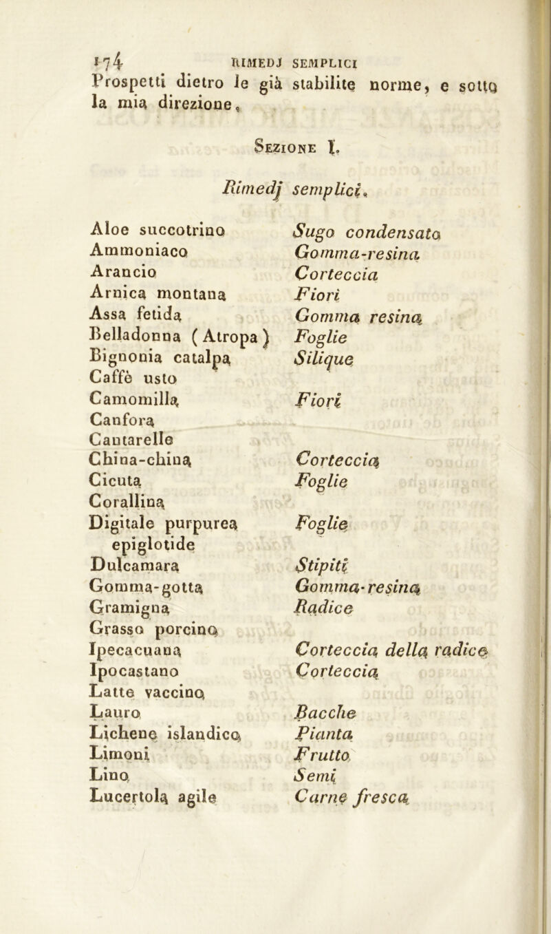 Prospetti dietro ie già stabilite norme, e sotto la mia direzione, Sezione L Rimedj semplici, Aloe succotrino Ammoniaco Arancio Arnica montana Assa fetida Belladonna ( Atropa ) Bignonia catalpa Caffè usto Camomilla Canfora Cantarelle China-china Cicuta Corallina Digitale purpurea epiglotide Dulcamara Gomma-gotta Gramigna Grasso porcina Ipecacuana Ipocastano Latte vaccina, Lauro Lichene islandico, Limoni, Lino Lucertola agile Sugo condensata Go mma-r esina Corteccia Fiorì Gomma resina. Foglie Silique Fiori Corteccia Foglie Foglie Stipiti Gomma-resina Radice Corteccia della radice Corteccia Bacche Pianta Frutto Semi Carne fresca