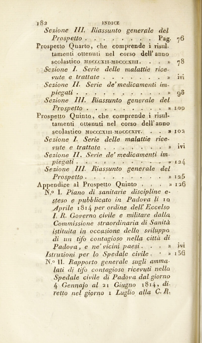 *8-2 INDICE Sezione III. Riassunto generale del Prospetto Pag. Prospetto Quarto, che comprende i risul- tamenti ottenuti nel corso dell’ anno scolastico bidcgcxii-mdcccxiii. . . » Sezione I. Serie delle malattie rice- vute e trattate ........ Sezione IL Serie de3 medicamenti im- piegati >> Sezione Uh Riassunto generale del Prospetto » Prospetto Quinto, che comprende i risul- tamenti ottenuti nel corso dell7 anno scolastico mocccxiii mdcccxiv. • . » Sezione L Serie delle malattie rice- vute e trattate . » Sezione II. Serie dey medicamenti im- piegati • Sezione III. Riassunto generale del Prospetto » Appendice al Prospetto Quinto . . . » No I. Piano di sanitarie discipline e- Steso e pubblicato in Padova li io, Jp rile 1814 per ordine dell Eccelso I R. Governo civile e militare dalla Commissione straordinaria di Sanità istituita in occasione dello sviluppo di un tifo contagioso nella città di Padova, e ne’vicini paesi. . • >* Istruzioni per lo Spedale civile . * » N.° li. Rapporto generale sugli amma- lati di tifo contagioso ricevuti nello Spedale civile di Padova dal giorno 4 Gennaio al 2i Giugno i8i4> di- retto nel giorno i Lu glio alla G. ij. i ?6 78 « e in 9S 100 102 ivi 124 125 126 ivi i56