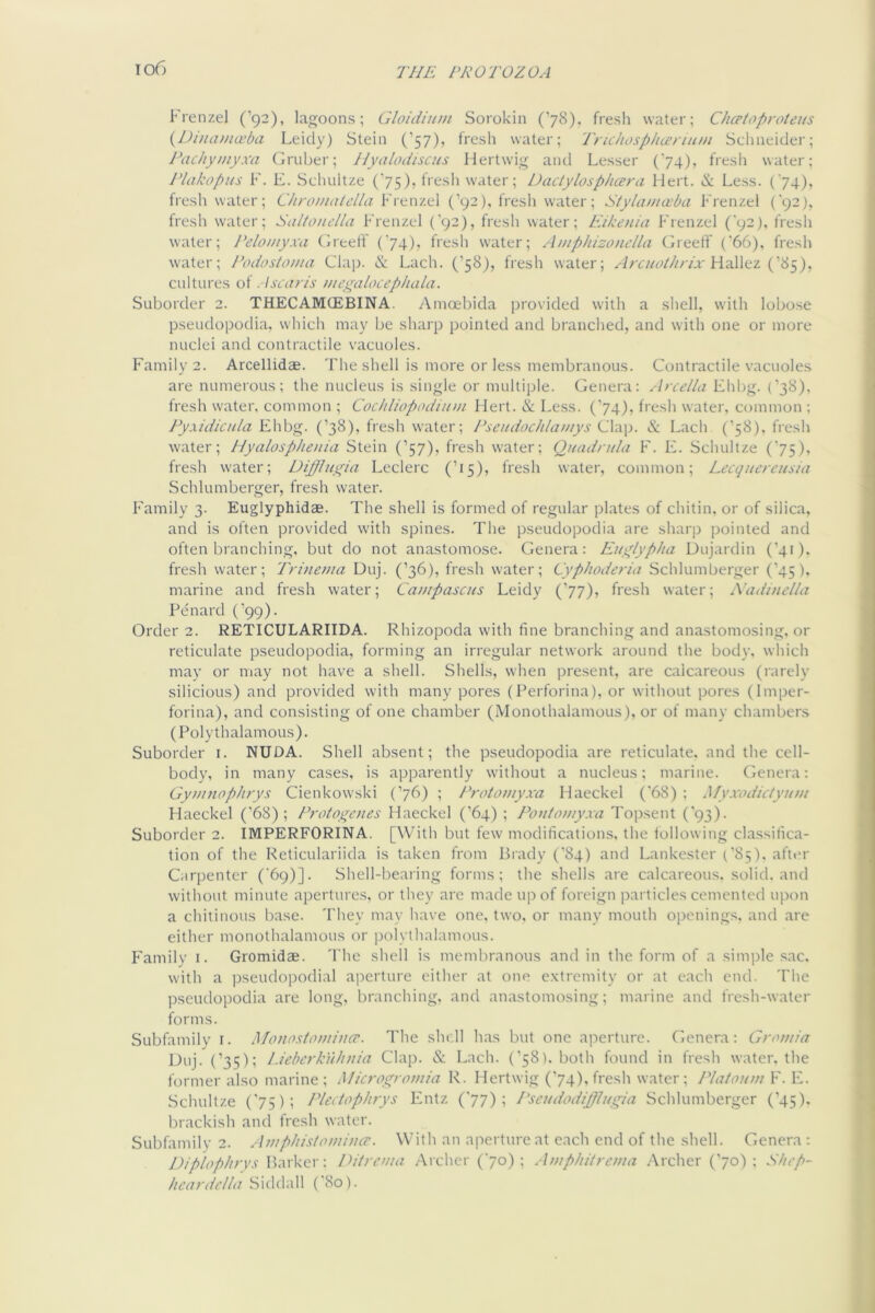 io6 Fienzel (’92), lagoons; Gloidimn Sorokin (’78). fresh water; Chcetoprotens {l)inania;ba Leidy) Stein (’57), fresh water; Tnchosphwniu/i Schneider; rachymyxa Gruber; Hyalodiscus Hertwig and Lesser ('74), fresh water; riakopus F. E. Schultze (’75), fresh water; Dactylosphcera Hert. & Less. (‘74), fresh water; Chroinatclla Frenzel (’92), fresh water; Stylamoiba Frenzel (92), fresh water; Saltonella Frenzel (’92), fresh water; Eikenia Frenzel (92), fresh water; Pelomyxa Greeff C74), fresh water; Amphizonclla Greeff {'66), fresh water; Podostonia Clap. & Lach. (’58), fresh water; Arc//(dbrix Hallez cultures of . Iscuin's megalocephala. Suborder 2. THECAMCEBINA. Amcebida provided w'ith a shell, with lobose pseudopodia, which may be sharp pointed and branched, and with one or more nuclei and contractile v'acuoles. Family 2. Arcellidae. The shell is more or less membranous. Contractile vacuoles are numerous; the nucleus is single or multiple. Genera; .Ircella Ehbg. (’38), fresh water, common ; Cochliopodinm Hert. & Less. (’74)? fresh water, common ; Pyxidicnla Ehbg. (’38), fresh water; Psendoc/da/ziys Clap. & Lach (’58), fresh water; Hyalosphenia Stein (’57), fresh water; Quadnda F. E. Schultze ('75), fresh water; Difflngia Leclerc (’15), fresh water, common; Lecqnereusia Schlumberger, fresh water. Family 3. Euglyphidae. The shell is formed of regular plates of chitin, or of silica, and is often provided with spines. The pseudopodia are sharp pointed and often branching, but do not anastomose. Genera: Etiglypha Dujardin (’41), fresh water; Trinema Duj. (’36), fresh water; Cyphoderia Schlumberger (’45), marine and fresh water; Canipascus Leidy (’77), fresh water; Aadmella Penard (’99). Order 2. RETICULARIIDA. Rhizopoda with fine branching and anastomosing, or reticulate pseudopodia, forming an irregular network around the body, which may or may not have a shell. Shells, when present, are calcareous (rarely silicious) and provided with many pores (Perforina), or without pores (Imper- forina), and consisting of one chamber (Monothalamous), or of many chambers (Polythalamous). Suborder i. NUDA. Shell absent; the pseudopodia are reticulate, and the cell- body, in many cases, is apparently without a nucleus; marine. Genera: Gymnophrys Cienkowski (’76) ; Protiwiyxa Haeckel (’68) ; Myxodictyum Haeckel (’68); Protogenes Haeckel (’64) ; Poutomyxa Topsent (‘93). Suborder 2. IMPERFORINA. [With but few modifications, the following cla.ssifica- tion of the Reticulariida is taken from Brady ('84) and Lankester {'85). aft«'r Carpenter ('69)]. Shell-bearing forms; the shells are calcareous, solid, and without minute apertures, or they are made up of foreign ]xarticles cemented upon a chitinous base. They may have one, two, or many mouth openings, and are either monothalamous or polythalamous. Family 1. Gromidae. The shell is membranous and in the form of a simple sac, with a pseudopodial aperture cither at one extremity or at each end. The pseudopodia are long, branching, and anastomosing; marine and fresh-water forms. Subfamily i. Mouostomino’. The shell has but one aperture, (.enera: Grotnia Huj. (’35); I.iebcrkYihnia Clap. & Lach. (’58). both found in fresh water, the former also marine; Microgromia R. Hertwig ('74), fresh water; P/atoinn F. E. Schultze ('75); Pleclflphrys Entz ('77); Pscudodifflugia Schlumberger (’45), brackish and fresh water. Subfamily 2. Ainpliisiomiiur. With an aperture at each end of the shell. Genera : Diplophrvs Barker: Ditrciua Archer ('70); Auiphilrcma .Archer (’70); Shep- hcardcllii .Siddall ('80).