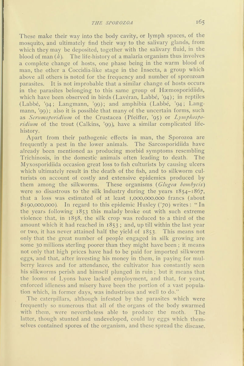 These make their way into the body cavity, or lymph spaces, of the mosquito, and ultimately find their way to the salivary glands, from which they may be deposited, together with the salivary fluid, in the blood of man {h). The life-history of a malaria organism thus involves a complete change of hosts, one phase being in the warm blood of man, the other a Coccidia-like stage in the Insecta, a group which above all others is noted for the frequency and number of sporozoan parasites. It is not improbable that a similar change of hosts occurs in the parasites belonging to this same group of Haemosporidiida, which have been observed in birds (Laveran, Labbe, ’94); in reptiles (Labbe, ’94; Langmann, ’99); and amphibia (Labbe, ’94; Lang- mann, ’99); also it is possible that many of the uncertain forms, such as Scrumsporidiinn of the Crustacea (Pfeiffer, ’95) or Lymphospo- ridium of the trout (Calkins, ’99), have a similar complicated life- history. Apart from their pathogenic effects in man, the Sporozoa are frequently a pest in the lower animals. The Sarcosporidiida have already been mentioned as producing morbid symptoms resembling Trichinosis, in the domestic animals often leading to death. The Myxosporidiida occasion great loss to fish culturists by causing ulcers which ultimately result in the death of the fish, and to silkworm cul- turists on account of costly and extensive epidemics produced by them among the silkworms. These organisms (Gli/gea bombycis) were so disastrous to the silk industry during the years 1854-1867, that a loss was estimated of at least 1,000,000,000 francs (about $190,000,000). In regard to this epidemic Huxley (’70) writes: “In the years following 1853 this malady broke out with such extreme violence that, in 1858, the silk crop was reduced to a third of the amount which it had reached in 1853 ; and, up till within the last year or two, it has never attained half the yield of 1853. This means not only that the great number of people engaged in silk growing are some 30 millions sterling poorer than they might have been ; it means not only that high prices have had to be paid for imported silkworm eggs, and that, after investing his money in them, in paying for mul- herry leaves and for attendance, the cultivator has constantly seen his silkworms perish and himself plunged in ruin ; but it means that the looms of Lyons have lacked employment, and that, for years, enforced idleness and misery have been the portion of a vast popula- tion which, in former days, was industrious and well to do.” The caterpillars, although infested by the parasites which were frequently so numerous that all of the organs of the body swarmed with them, were nevertheless able to produce the moth. The latter, though stunted and undeveloped, could lay eggs which them- selves contained spores of the organism, and these spread the disease.