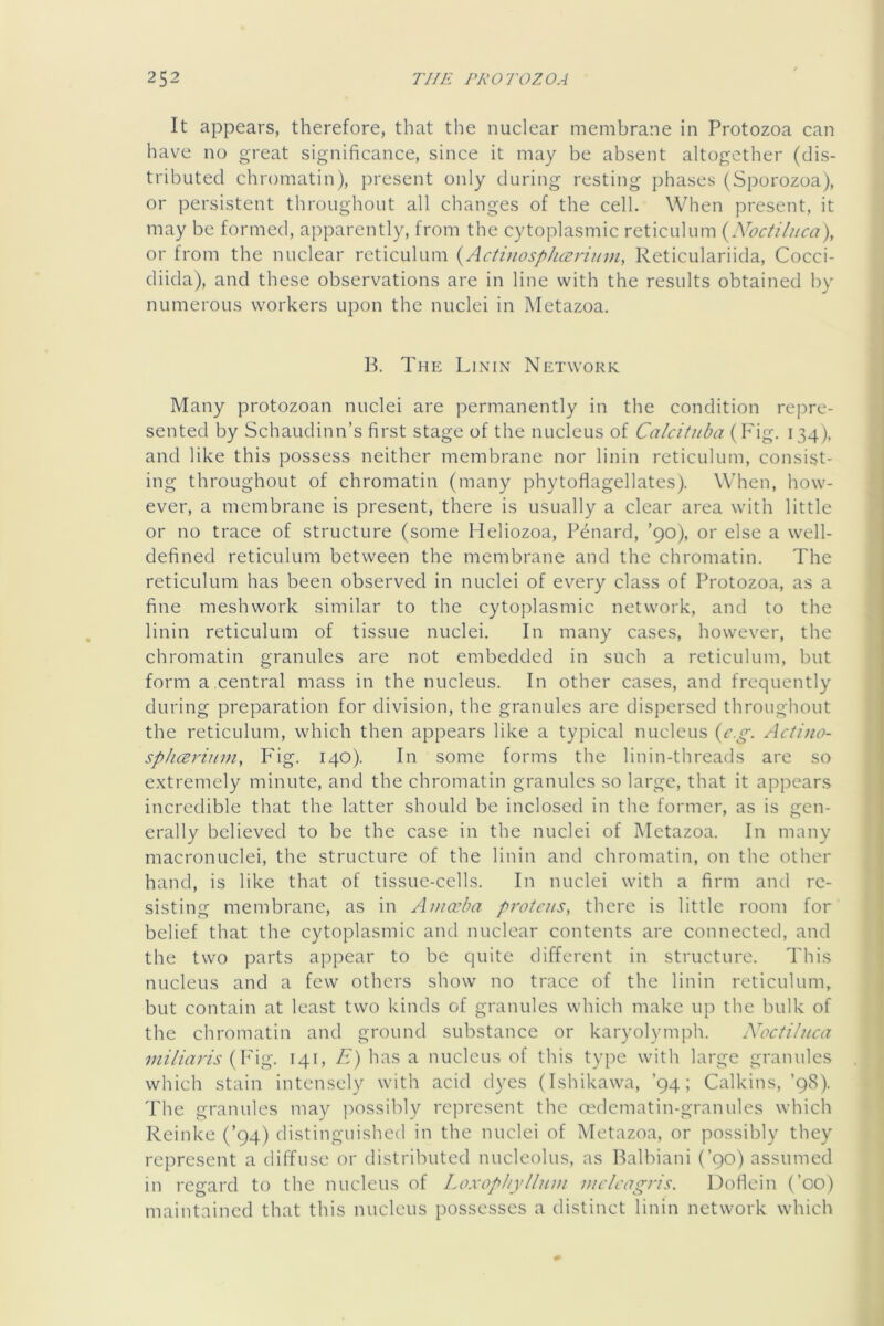 It appears, therefore, that the nuclear membrane in Protozoa can have no great significance, since it may be absent altogether (dis- tributed chromatin), present only during resting phases (Sporozoa), or persistent throughout all changes of the cell. When present, it may be formed, apparently, from the cytoplasmic reticulum (^Moctilitca), or from the nuclear reticulum {ActinospJicerimn, Reticulariida, Cocci- diida), and these observations are in line with the results obtained by numerous workers upon the nuclei in Metazoa. B. The Lin in Network Many protozoan nuclei are permanently in the condition repre- sented by Schaudinn’s first stage of the nucleus of Calcituba (Fig. 134), and like this possess neither membrane nor linin reticulum, consist- ing throughout of chromatin (many phytoflagellates). When, how- ever, a membrane is present, there is usually a clear area with little or no trace of structure (some Heliozoa, Penard, ’90), or else a well- defined reticulum between the membrane and the chromatin. The reticulum has been observed in nuclei of every class of Protozoa, as a fine meshwork similar to the cytoplasmic network, and to the linin reticulum of tissue nuclei. In many cases, however, the chromatin granules are not embedded in such a reticulum, but form a,central mass in the nucleus. In other cases, and frequently during preparation for division, the granules are dispersed throughout the reticulum, which then appears like a typical nucleus {c.g. Actino- sphcBriuin, P^ig. 140). In some forms the linin-threads are so extremely minute, and the chromatin granules so large, that it appears incredible that the latter should be inclosed in the former, as is gen- erally believed to be the case in the nuclei of Metazoa. In many macronuclei, the structure of the linin and chromatin, on the otlier hand, is like that of tissue-cells. In nuclei with a firm and re- sisting membrane, as in Amccba protcus, there is little room for belief that the cytoplasmic and nuclear contents are connected, and the two parts appear to be quite different in structure. This nucleus and a few others show no trace of the linin reticulum, but contain at least two kinds of granules which make up the bulk of the chromatin and ground substance or karyolymph. Noctiluca iniliaris {y\g. 141, E) has a nucleus of this type with large granules which stain intensely with acid dyes (Ishikawa, ’94; Calkins, ’98). The granules may j')Ossibly represent the cedcmatin-granules which Reinke (’94) distinguished in the nuclei of Metazoa, or possibly they represent a diffuse or distributed nucleolus, as Balhiani (’90) assumed in regard to the nucleus of Loxophyllum weleagris. Doflein (’00) maintained that this nucleus possesses a distinct linin network which
