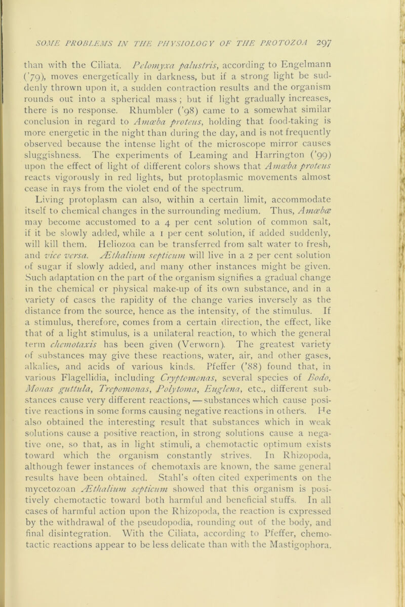 tlian with the Ciliata. Pelomyxa palustt'is, according to Engelmann (’79), moves energetically in darkness, but if a strong light be sud- denly thrown upon it, a sudden contraction results and the organism rounds out into a spherical mass ; but if light gradually increases, there is no response. Rhumbler (’98) came to a somewhat similar conclusion in regard to Ajuceba protens, holding that food-taking is more energetic in the night than during the day, and is not frequently observed because the intense light of the microscope mirror causes sluggishness. The experiments of Learning and Harrington (’99) upon the effect of light of different colors shows that Ama’ba protciis reacts vigorously in red lights, but protoplasmic movements almost cease in rays from the violet end of the spectrum. Living protoplasm can also, within a certain limit, accommodate itself to chemical changes in the surrounding medium. Thus, AuKrbcB may become accustomed to a 4 per cent solution of common salt, if it be slowly added, while a i per cent solution, if added suddenly, will kill them. Heliozoa can be transferred from salt water to fresh, and vice versa. j:Pthalinin septicum will live in a 2 per cent solution of sugar if slowly added, and many other instances might be given. Such adaptation cn the part of the organism signifies a gradual change in the chemical or physical make-up of its own substance, and in a variety of cases the rapidity of the change varies inversely as the distance from the source, hence as the intensity, of the stimulus. If a stimulus, therefore, comes from a certain direction, the effect, like that of a light stimulus, is a unilateral reaction, to which the general term chemotaxis has been given (Verwnrn). The greatest variety of substances may give these reactions, water, air, and other gases, alkalies, and acids of various kinds. Pfeffer (’88) found that, in various Flagellidia, including Cryptomonas, several species of Bodo, Monas guti?ila, Treponionas, Polytoma, Eng/ena, etc., different sub- stances cause very different reactions,—substances which cause posi- tive reactions in some forms causing negative reactions in others. He also obtained the interesting result that substances which in weak solutions cause a positive reaction, in strong solutions cause a nega- tive one, so that, as in light stimuli, a chemotactic optimum exists toward which the organism constantly strives. In Rhizopoda, although fewer instances of chemotaxis are known, the same general results have been obtained. Stahl’s often cited experiments on the mycetozoan /Ethalium septicum showed that this organism is posi- tively chemotactic toward both harmful and beneficial stuffs. In all cases of harmful action upon the Rhizopoda, the reaction is expressed by the withdrawal of the {)seudopodia, rounding out of the body, and final disintegration. With the Ciliata, according to rfeffer, chemo- tactic reactions appear to be less delicate than with, the IMastigophora.