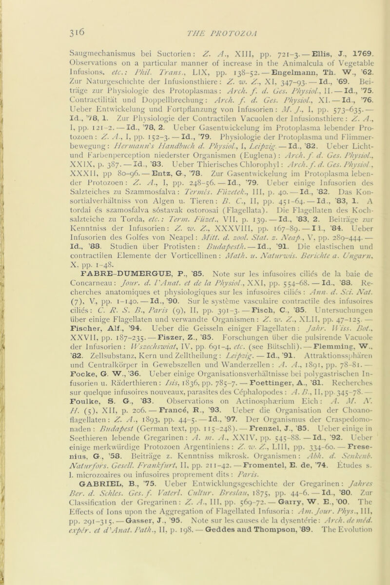 Saugmechanisnuis bei Suctorien: Z. Z., XIII, pp. 721-3. — Ellis. J., 1769. Ob.servations on a particular manner of increa.se in the Animalcula of Vegetable lntusir)ns, e/c.: Phil. Trans., LIX, pp. 138-52. — Eiigelmaiiu, Tb. W., '62. Zur Nalurgescliichte tier Infusionsthiere: Z. w. Z., XI, 347-93. — Id., '69. Bei- trage zur IMiysiologie ties Brotoplasmas : Arch. f. ci. Gcs. Physiol., W. — Id.,’75. Contractilitat und Doppellbrechung; Arch. f. d. Ges. Physiol, XI. — Id., '76. Ueber Entwickelung und FortpHanzung von Infusorien : M. J-, I, pp. 573-635.— Id., ’78, 1. Zur IMiysiologie tier Contractilen Vacuolen tier Infusionsthiere: Z. A., 1, pp. 121-2. — Id., ’78, 2. Ueber Gasentwickelung im Protoplasma lebender Pro- tozoen : Z. A., I, pp. 152-3. — Id., '79. IMiysiologie der Protoplasma und Flimmer- bewegung: Hen/ianu's llandbitch d. Physiol, I, Leipzig. — Id.. ’82. Ueber Licht- und Farbenperception niederster Organismen (Euglena) : Arch. f. d. Ges. Physiol, X.XIX, p. 387. — Id., ’83. Ueber Thierisches Chlorophyl: Arch.f. d. Ges. Physiol, XXX11, pp 80-96. — Eiitz, G., 78. Zur Gasentwickelung im Protoplasma leben- tler Protozoen : Z. A., 1, pp. 248-56. — Id., ‘79. Ueber einige Infusorien des Salzteiches zu Szammosfalva: Tennis. TTizelek., Ill, p. 40. — Id., ‘82. Das Kon- sortialverhaltniss von Algen u. Tieren : B. C., II, pp. 451-64. — Id., ‘83, 1. A tordai ds szamosfalva sostavak ostorosai (Flagellata). Die Flagellaten ties Koch- salzteiche zu Tortla, etc.: I'enn. T'iizet., VII. p. 139.-—Id., '83. 2. Beiirage zur Kenntniss tier Infusorien: Z. iv. Z., XXXVIII, pp. 167-89. — I.I., '84. Ueber Infusorien des Golfes von Neapel: Mitt. d. zool. Stat. z. Xeap., pp. 289-444.— Id., ’88. Studien iiber Protisten : Budapesth. — Id., ‘91. Die elastischen und contractilen Elemente der Vorticellinen : Math. n. AGtniwis. Berichte a. Ltngarn. X. pp. 1-48. FABRE-DUMERGUE, P., ‘85. Note sur les infusoires cilies de la bale de Concarneau : Jour. d. TAnat. et de la Physiol, XX\, pp. 554-68. — Id., ‘88. Re- cherches anatomiques et physiologiques sur les infusoires cilies: Ann. d. Sci. Adt. (7), V., pp. 1-140. — Id.,’90. Sur le sysleme vasculaire contractile des infusoires cilies: C. R. S. B., Paris (9), II, pp. 391-3. — Fiscli, C., ‘85. Untersuchungen liber einige f'lagellaten und verwandte Organismen : Z. w. Z., XLII, pp. 47-125. — Fischer, Alf., ’94. Ueber die Geisseln einiger P'lagellaten : Jahr. Jl'iss. Bot., XXVIl, pp. 187-235. — Fiszer, Z., ‘85. I'orschungen liber die pulsirende \’acuole tier Infusorien: IVszechswiat, IV, pp. 691-4, z7z. (see Blitschli). — Flemming, 'W.. ’82. Zellsubstanz, Kern und Zelltheilung : Leipzig. — Id., ‘91. Attraktionsspharen und Centralkdrper in Gewebszellen und Wanderzellen : ,1. .1.. 1891, pp. 78-81.— Focke, G. W.,’36. Ueber einige Organisationsverhaltnis.se bei polygastrischen In- fusorien u. Raderthieren : /sis. 1836, pp. 785-7. — Foettinger, A., ’81. Recherches sur quelque infusoires nouveau.v, parasites des Cdphalopodes : A. B.. II, pp. 345-78.— Foulke, S. G., ’83. Observations on Actinospluerium Eich: M. //. (5), XII, p. 206.-—France, R., ‘93. Ueber die Organisation der Choano- tlagellaten : Z. A., 1893, pp. 44-5. — Id.,‘97. Der Organismus der Craspcdomo- naden : Budapest (German te.xt, pp. 115-248). — Frenzel, J., ‘85. Ueber einige in Seethieren lebentle Gregarinen : A. m. . X.XIV. pp. 545-88.—Id.. ‘92. Ueber einige merkwiirtlige Protozoen Argentiniens : Z. 70. Z., LIII, pp. 334-60. — Frese- nius, G., ’58. Beitrage z. Kenntniss mikrosk. Organismen : ,Il?h. d. Senhenh. Adturfors. Gesell Frankfurt. II, pp. 211-42.—Fromentel, E. de, ‘74. Etudes s. 1. microzoaires ou infusoires proprement dits : Idris. GABRIEL, B., '75. Ueber Entwicklung.sgeschichte der Gregarinen: jahres Ber. d. Schles. Ges. f. Vaterl. Cultur. Breslau. 1875. PP- 44~6. — Id., ‘80. Zur Glassification der Gregarinen: Z. III, pp. 569-72. — Garry, W. E.,’00. The Effects of Ions upon the Aggregation of Flagellated Infusoria: Ani.Jour. Phys., Ill, pp. 291-315. — Gasser, J.. ‘95. Note sur les causes de la dysentdrie: Arch, deined. e.xpdr. et d'Anat. Path., II, p. 198. — Geddes and Thompson. ’89. The Evolution